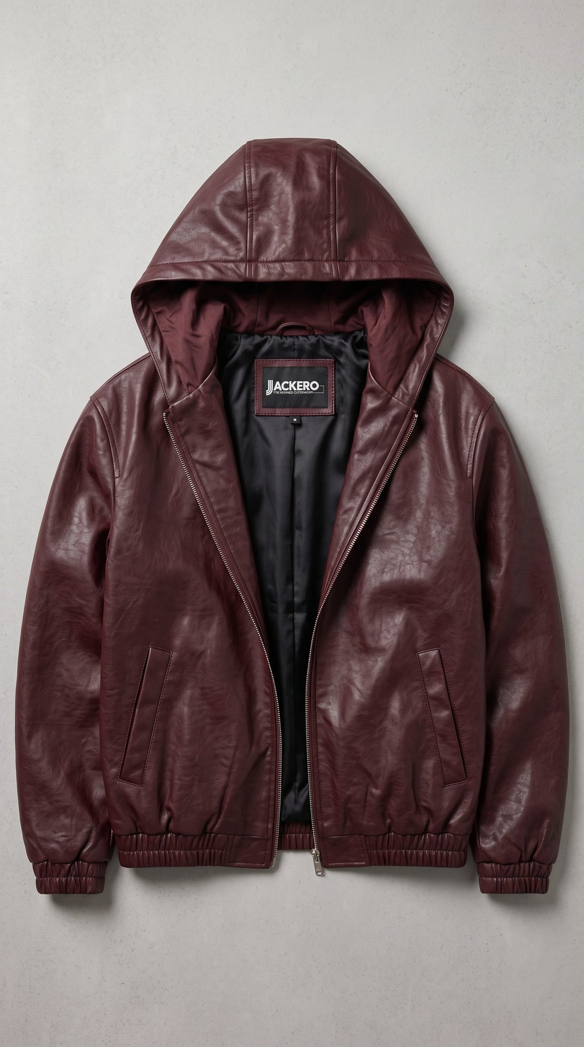 dark red hooded leather jacket from the autumn winter collection.