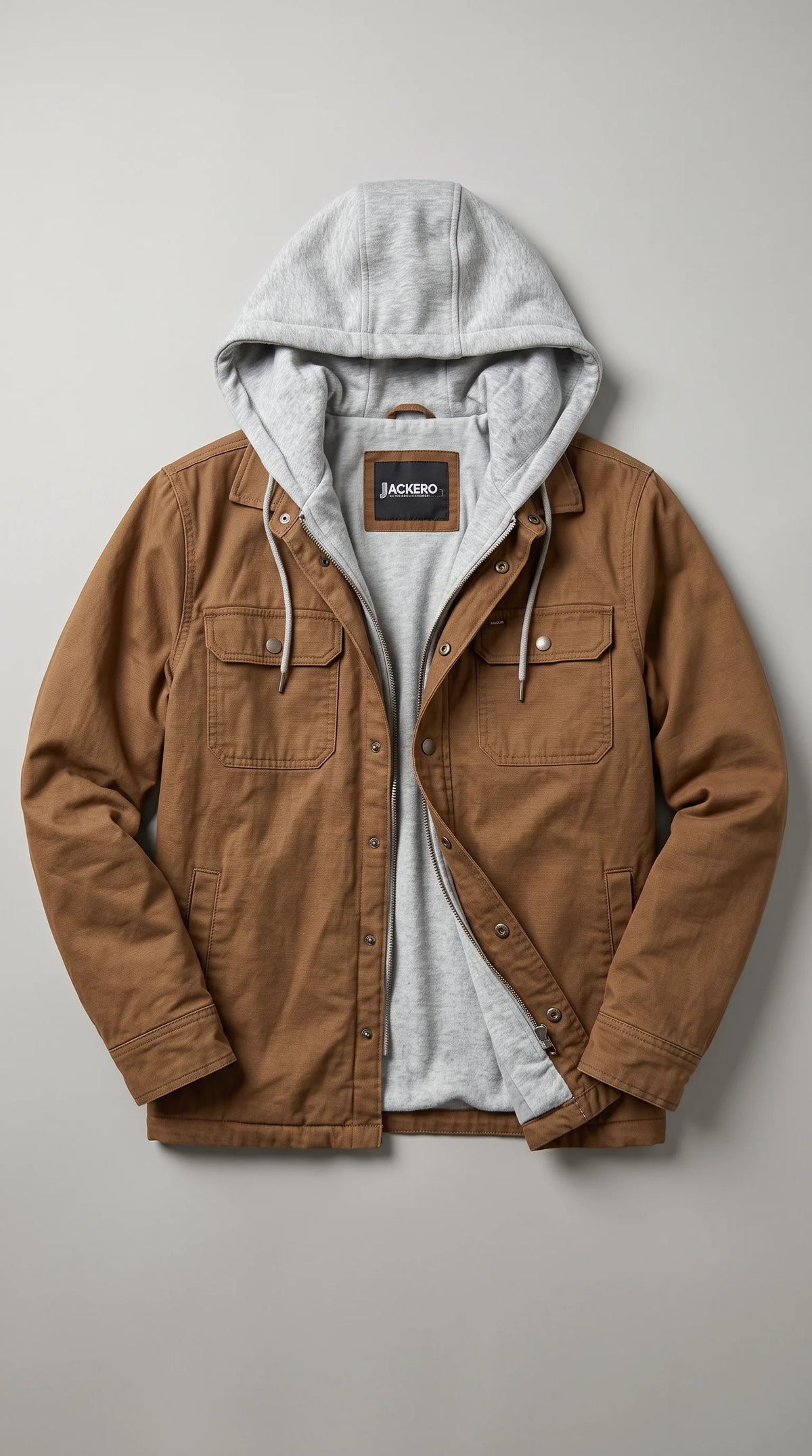 JACKERO dark tan cotton workwear jacket displayed open to showcase its contrasting grey hood and signature neck label, with a metal front zipper, button placket, two button-flap chest pockets, two side waist pockets and carefully reinforced seams.