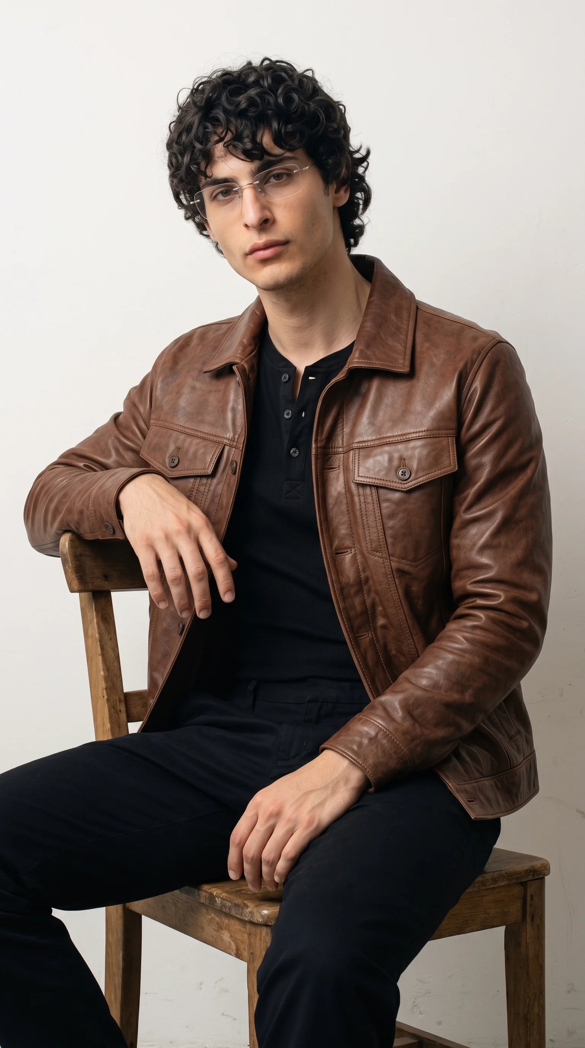 JACKERO dark tan distressed leather jacket paired with a black ribbed henley and tailored black trousers, showcasing its rich weathered brown finish, buttoned chest pockets and structured silhouette for understated luxury streetwear.