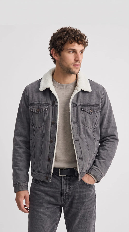 Master the winter streetwear game with the Jackero faded grey denim jacket, featuring a highly engaging plush faux shearling collar that brings unparalleled warmth and urban attitude to your wardrobe.