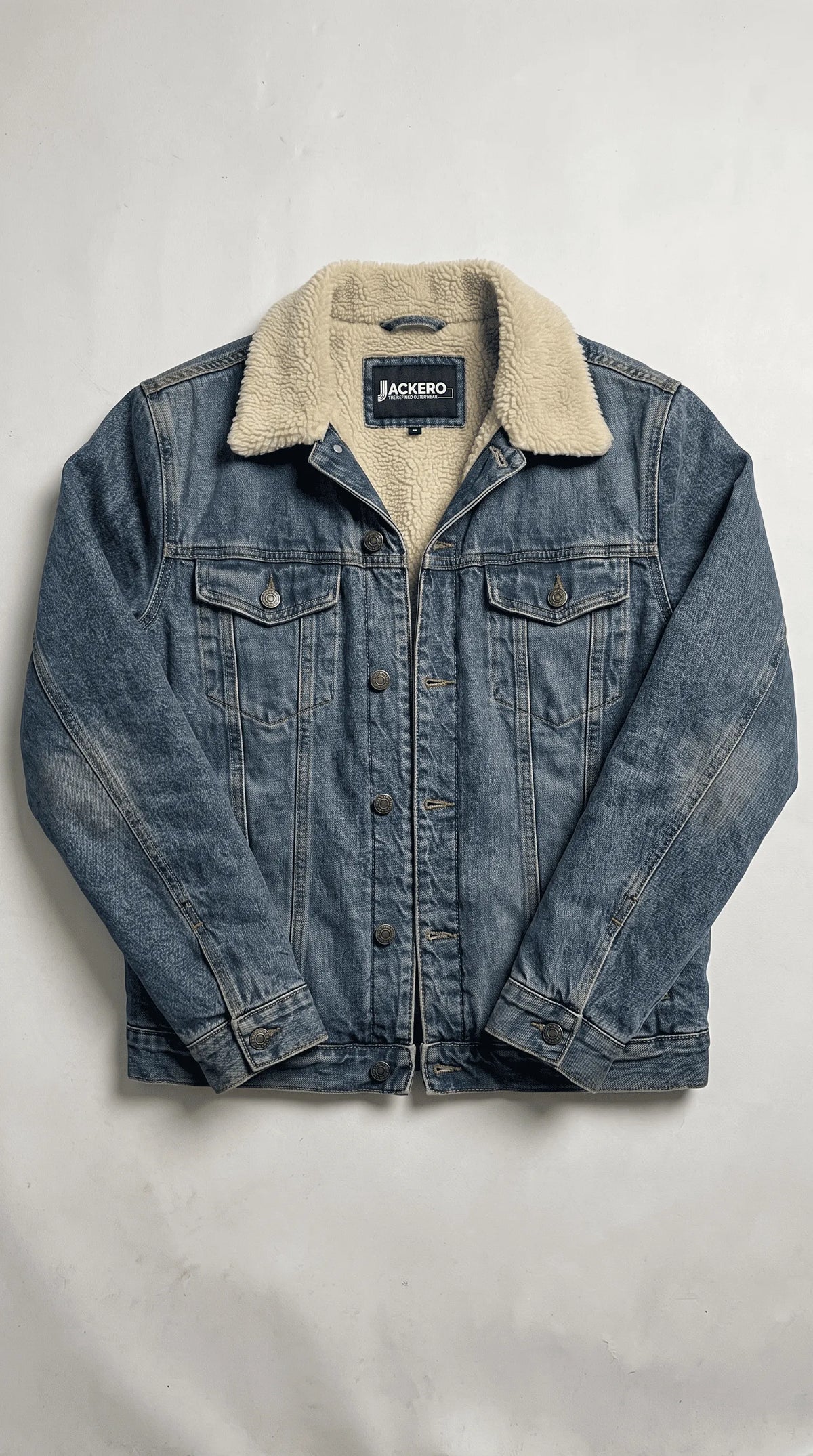Experience premium warmth without sacrificing style in this engaging Jackero mid-blue shearling denim jacket, an absolute must-have layering essential for curating the ultimate cold-weather streetwear ensemble.