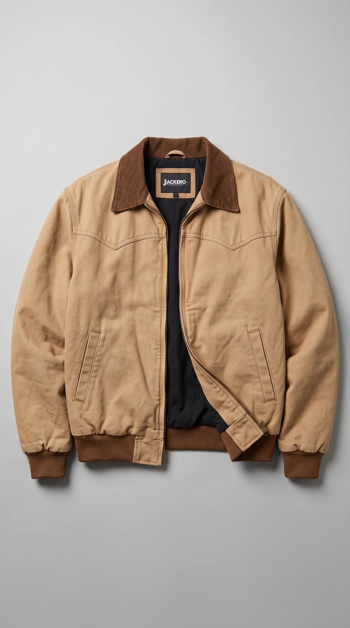 JACKERO light-camel cotton bomber jacket displayed open to reveal its smooth dark inner lining and signature neck label, with a contrasting brown corduroy-style collar, full-length metal zipper, matching ribbed cuffs and waistband, and two side-entry waist pockets.
