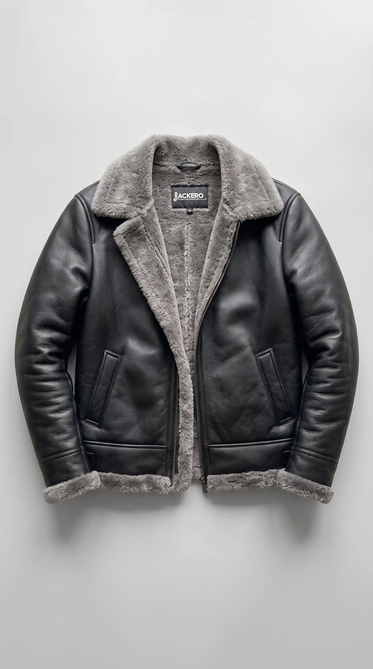Defy the freezing temperatures with uncompromising attitude in the Jackero black leather winter jacket, highlighted by striking grey shearling accents that define elite streetwear culture.