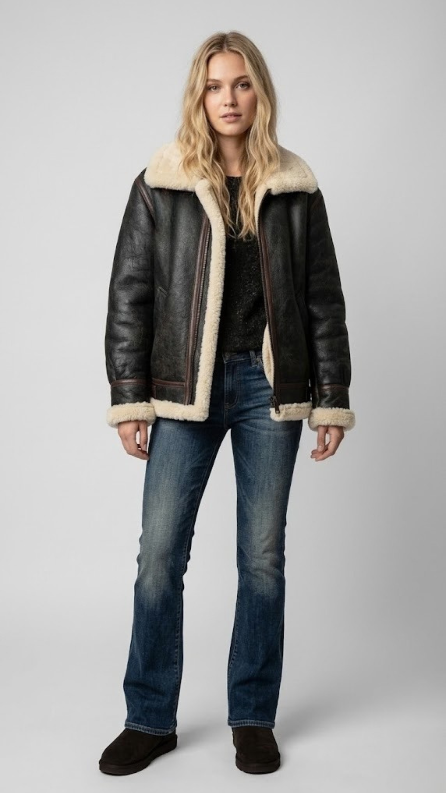 Premium black leather jacket with a distinct faux cream shearling collar by Jackero, professional front view catalog shot.