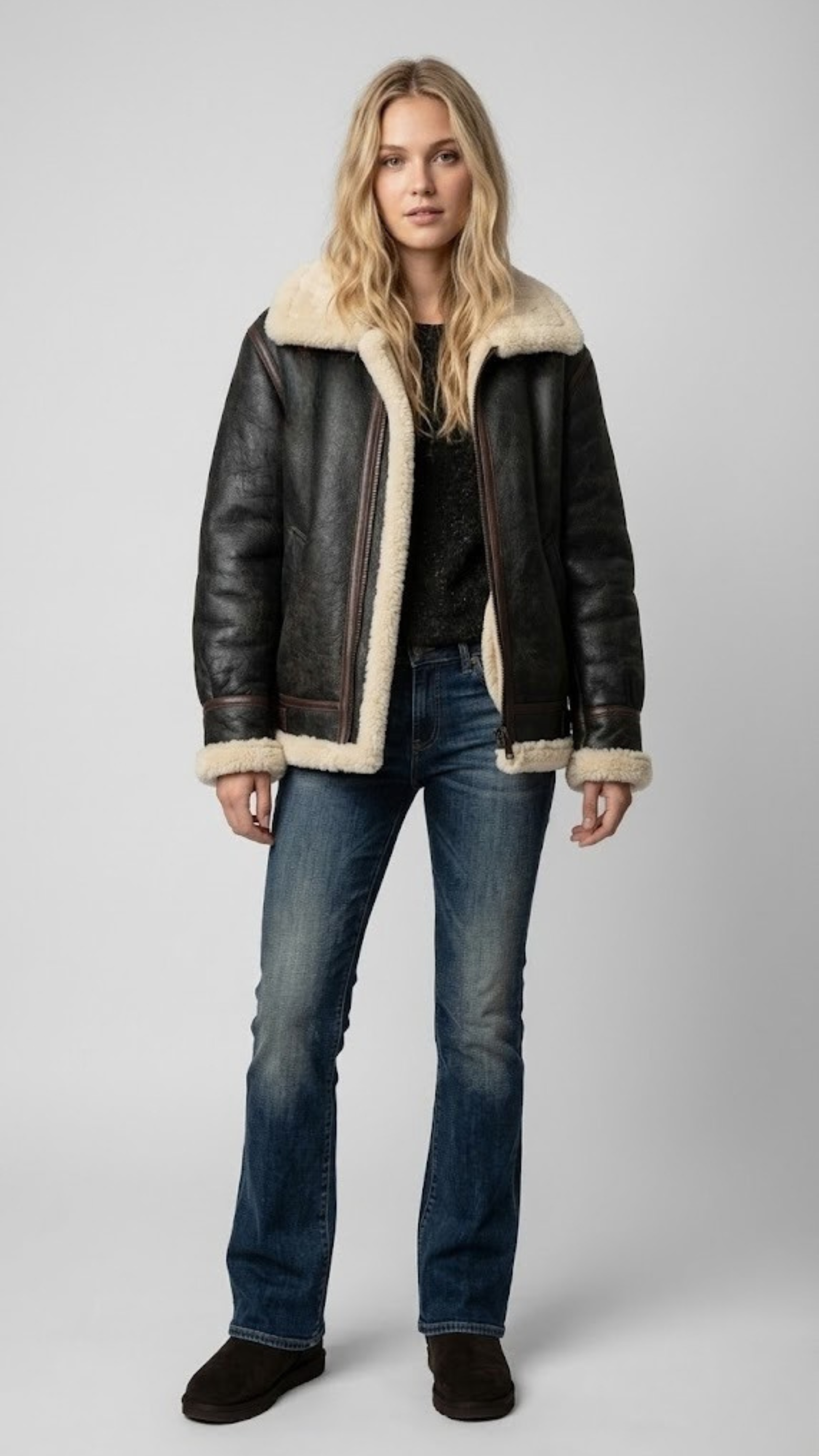 Premium black leather jacket with a distinct faux cream shearling collar by Jackero, professional front view catalog shot.