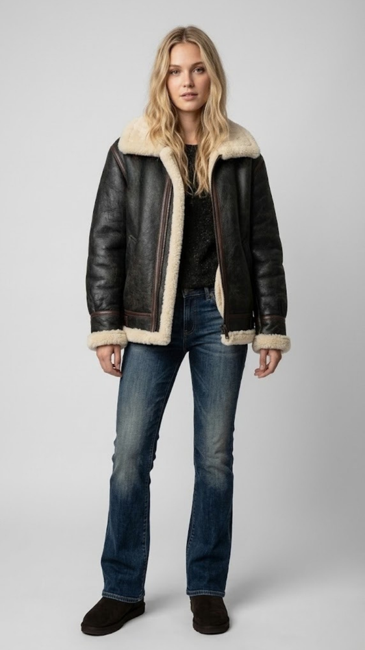 Premium black leather jacket with a distinct faux cream shearling collar by Jackero, professional front view catalog shot.