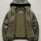 jackero high-quality genuine dark green sheepskin leather texture contrasting with soft white shearling lining inside the hood.