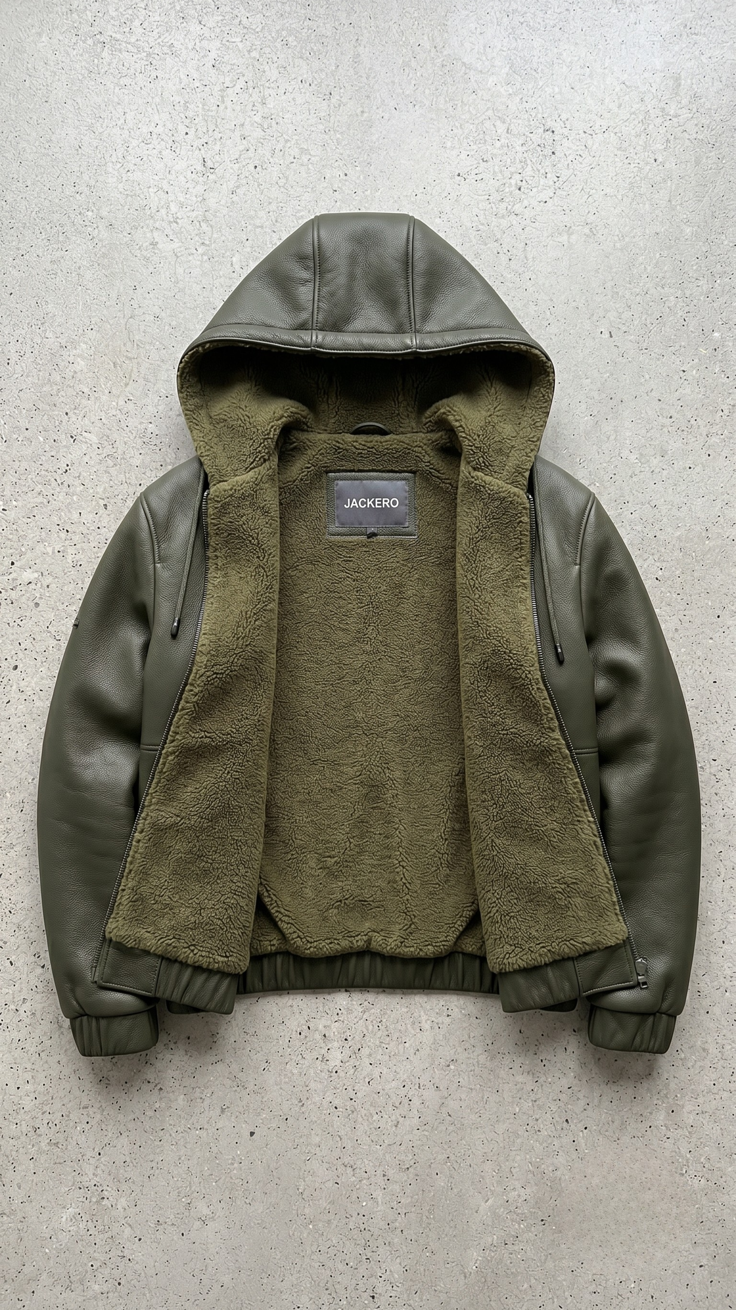 jackero high-quality genuine dark green sheepskin leather texture contrasting with soft white shearling lining inside the hood.