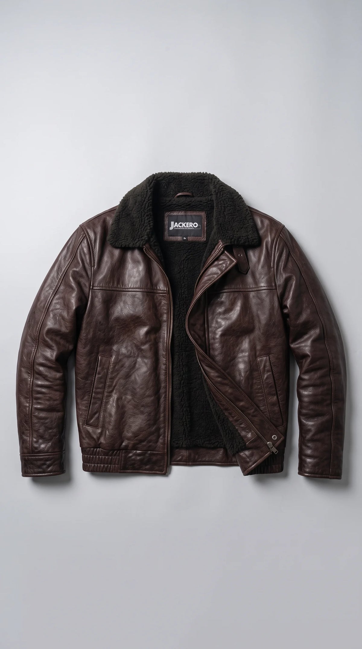 JACKERO men's dark brown leather jacket combines a rich weathered espresso finish, black faux-shearling collar and clean zip-front design for standout winter streetwear.