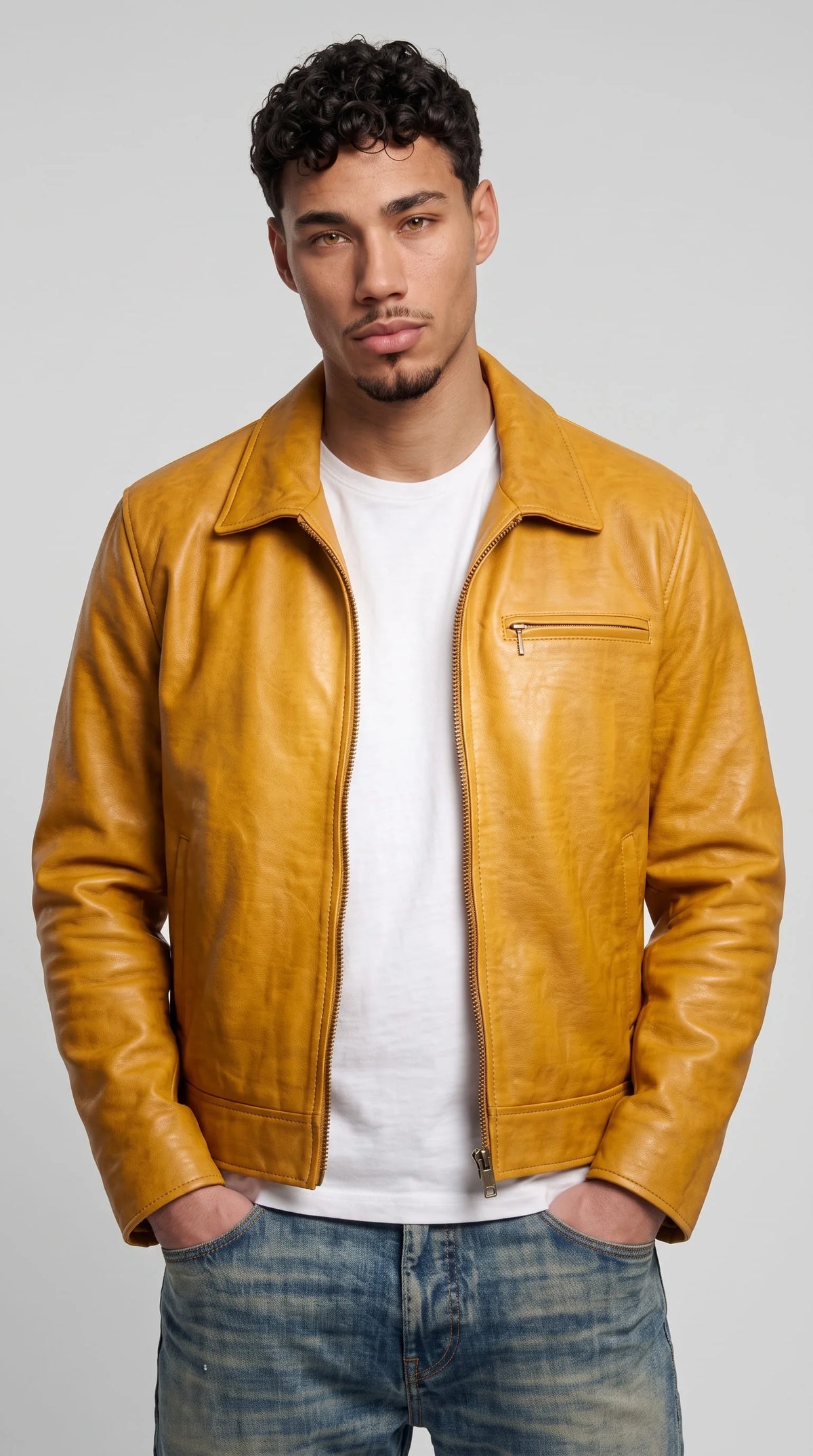 Make your streetwear wardrobe pop with the vibrant Jackero mustard yellow leather jacket, featuring a bold and engaging aesthetic designed for trendsetters who love standout fashion.