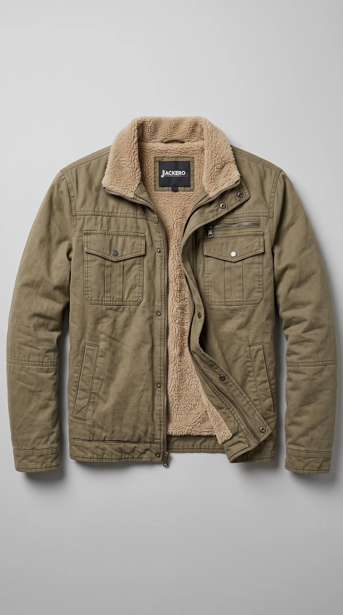 JACKERO olive-green cotton jacket displayed open to showcase its plush beige shearling-style interior and signature neck label, with twin button-flap chest pockets, an additional chest zipper, a full-length metal zip and snap-button fastening for a distinctive heritage field-jacket design.