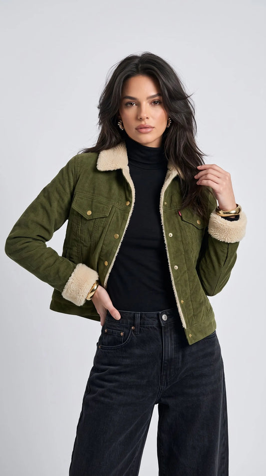 Command the urban fashion scene with the Jackero olive suede denim jacket, featuring a striking off-white faux shearling collar that creates a highly engaging streetwear aesthetic for the colder months.
