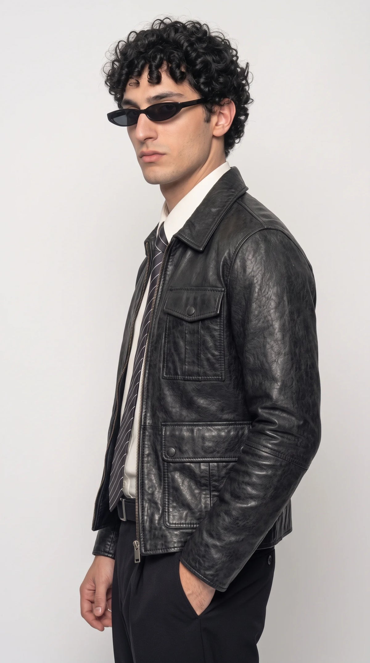 JACKERO onyx-black genuine leather field jacket with a subtle vintage-wash effect, horizontal back yoke, vertical panel seams and a structured straight hem, highlighting its distinctive leather character and considered construction for modern heritage-inspired fashion.