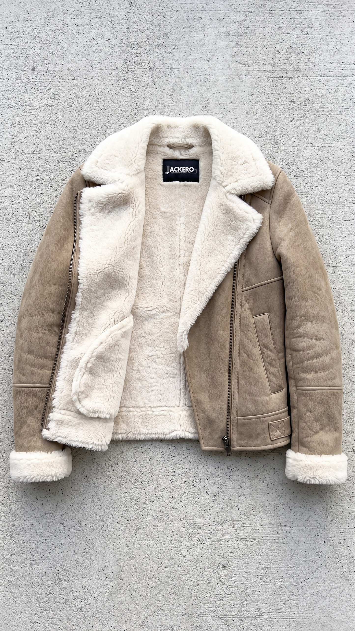 Jackero beige suede jacket with premium white shearling lining displayed beautifully against a minimalist studio backdrop.