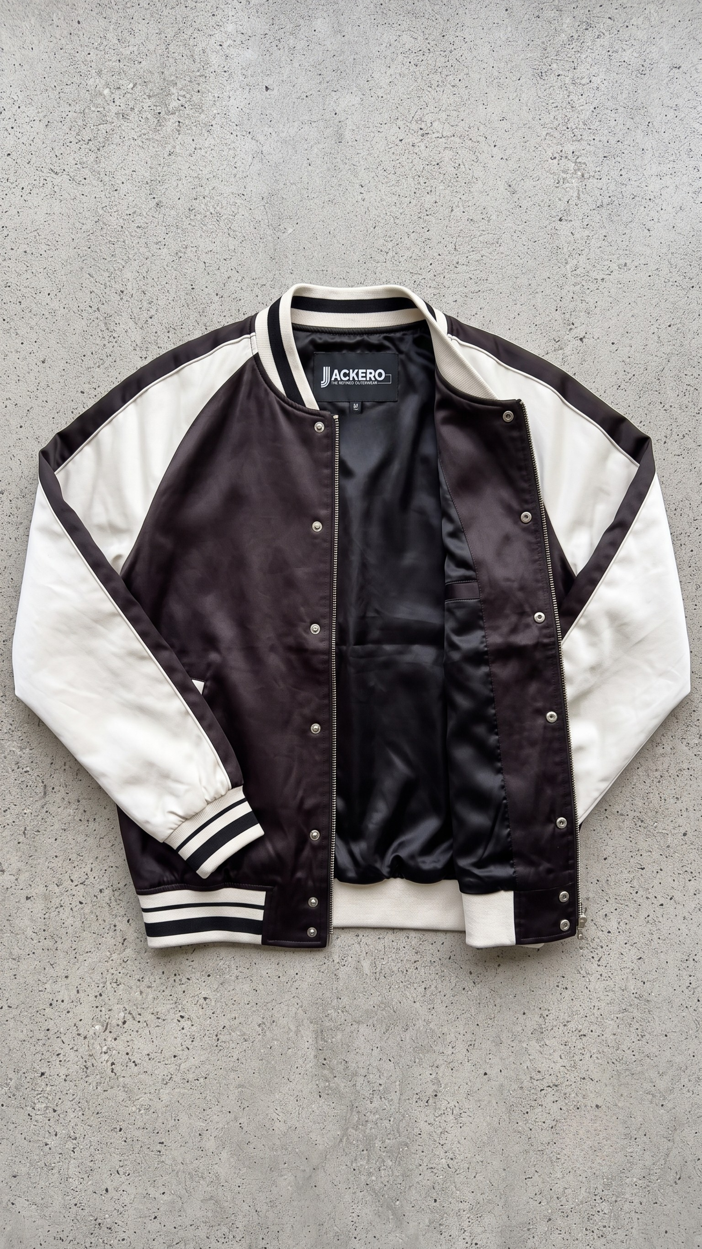 Jackero black and white tricolor varsity jacket beautifully showcased against a clean, minimalist studio backdrop.