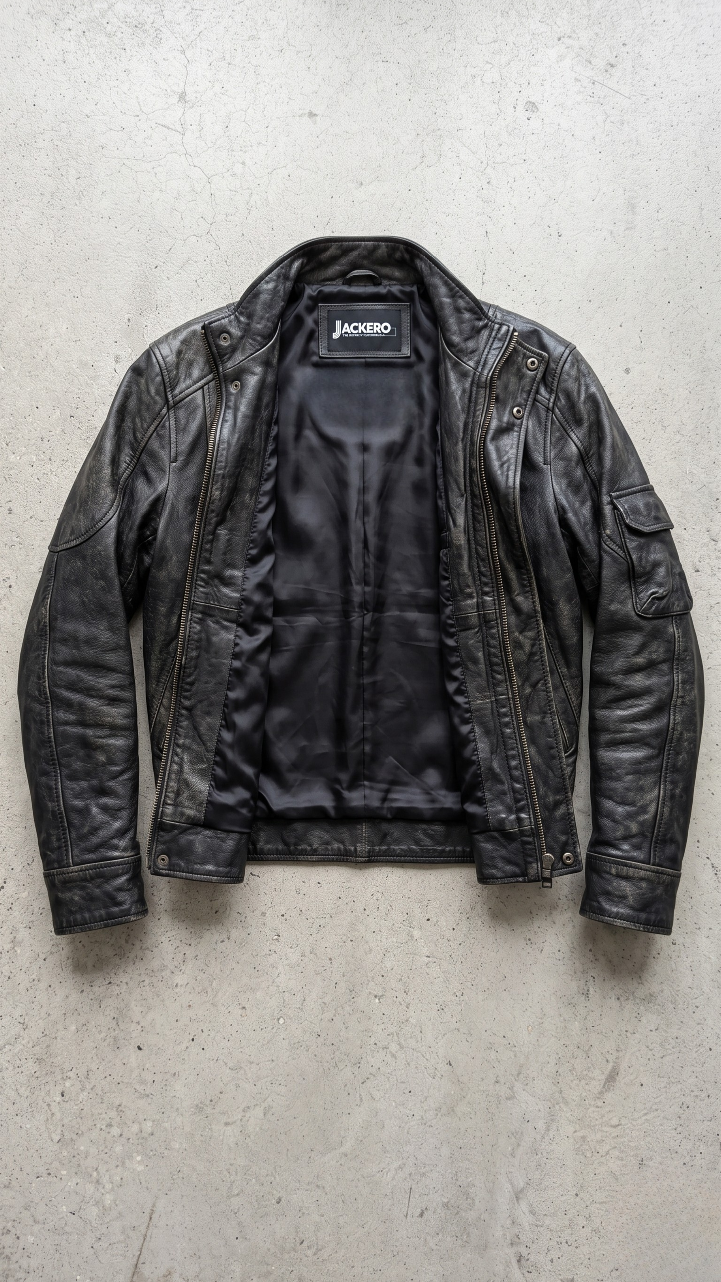 Jackero black distressed leather jacket beautifully showcased against a clean, minimalist studio backdrop.