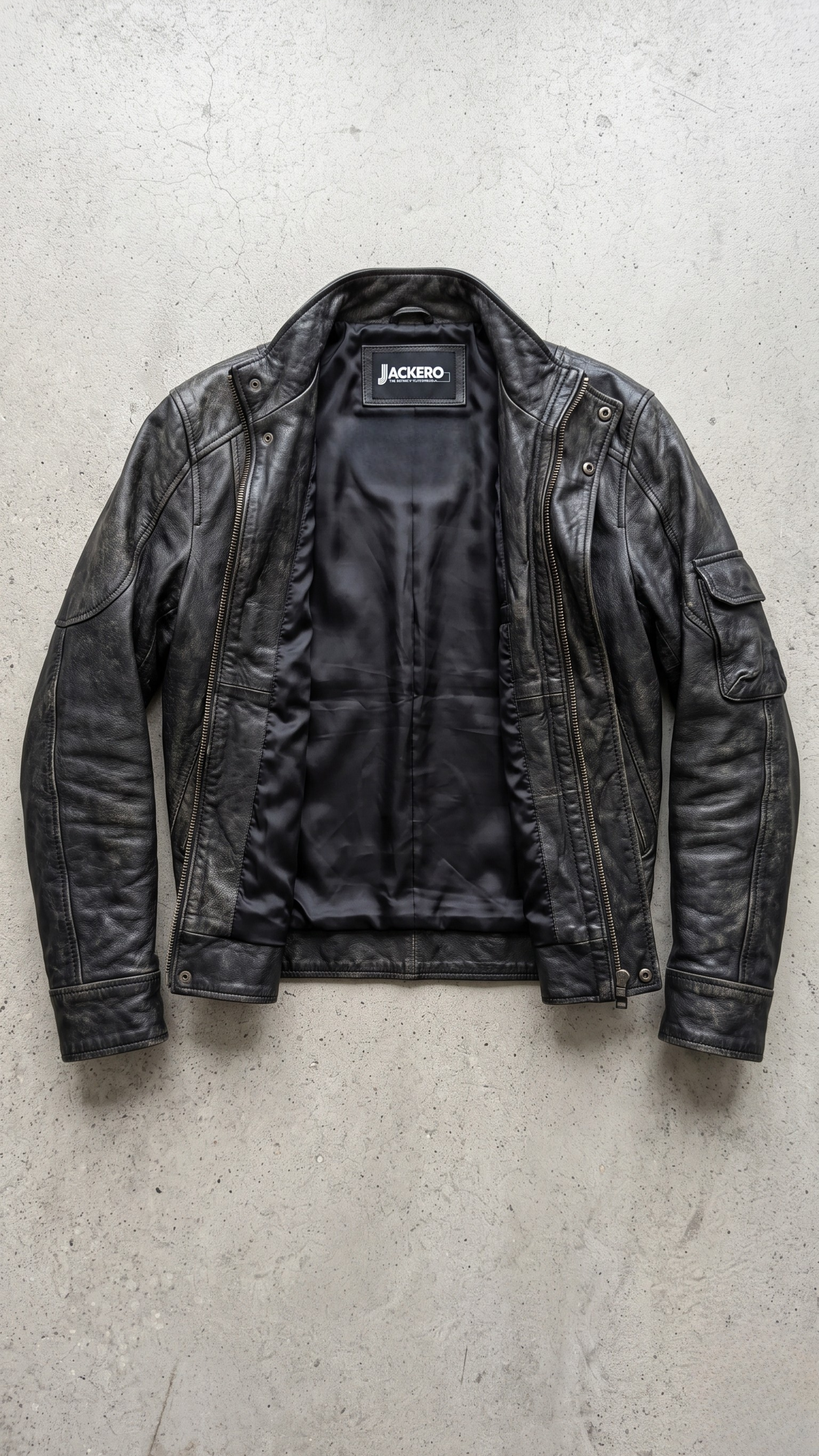 Jackero black distressed leather jacket beautifully showcased against a clean, minimalist studio backdrop.