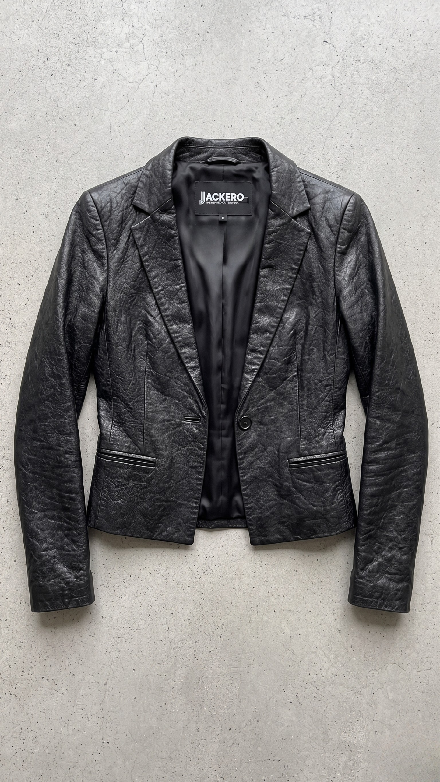 Jackero black leather blazer jacket beautifully presented against a clean, minimalist studio backdrop.