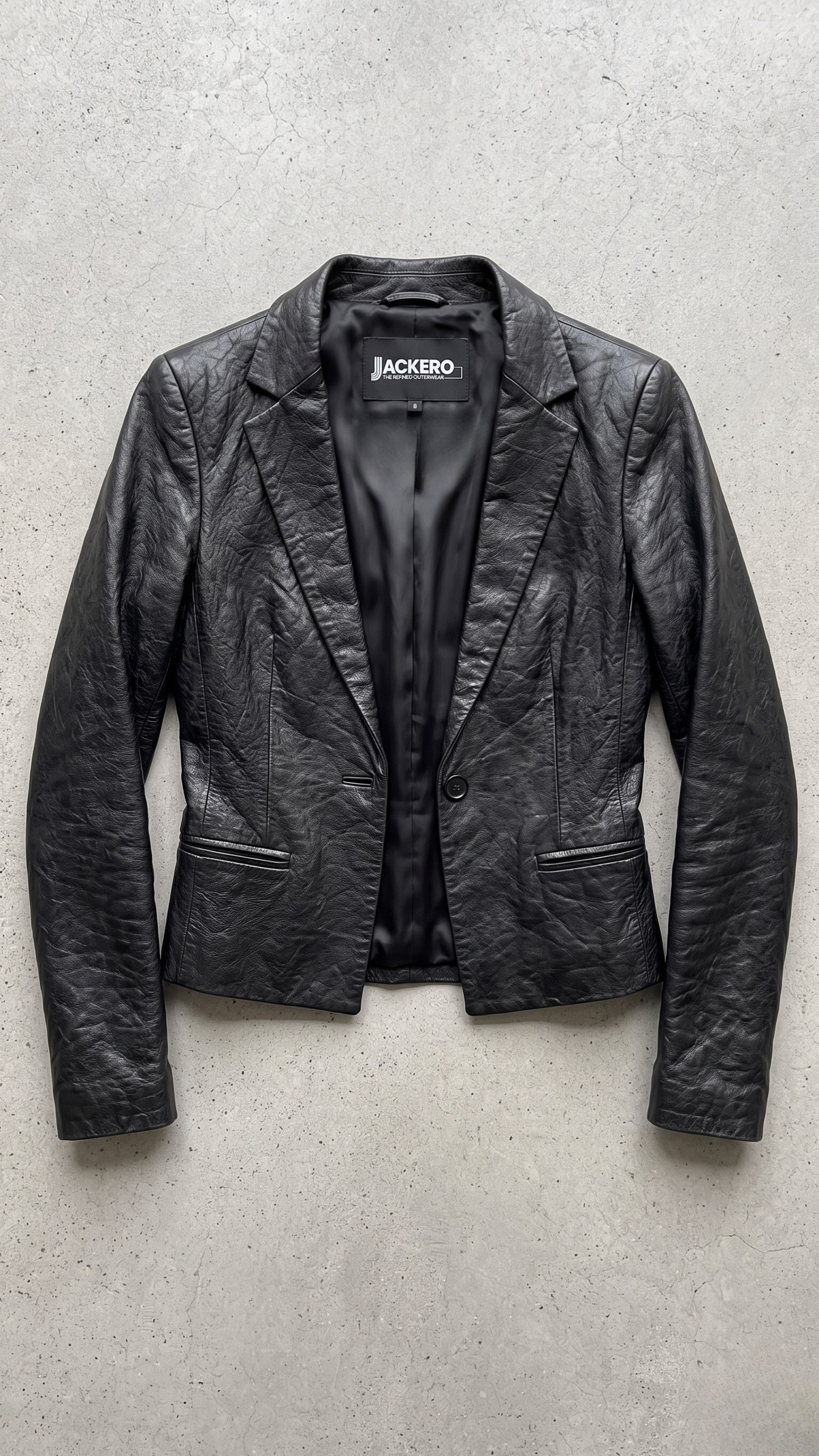 Jackero black leather blazer jacket beautifully presented against a clean, minimalist studio backdrop.