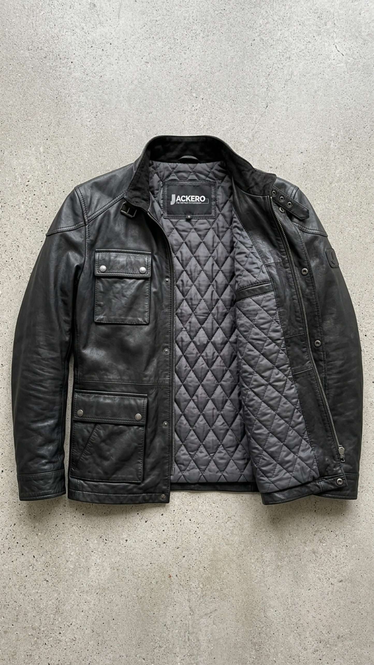 Jackero black leather field jacket with multi-pocket design beautifully presented against a clean, minimalist studio backdrop.