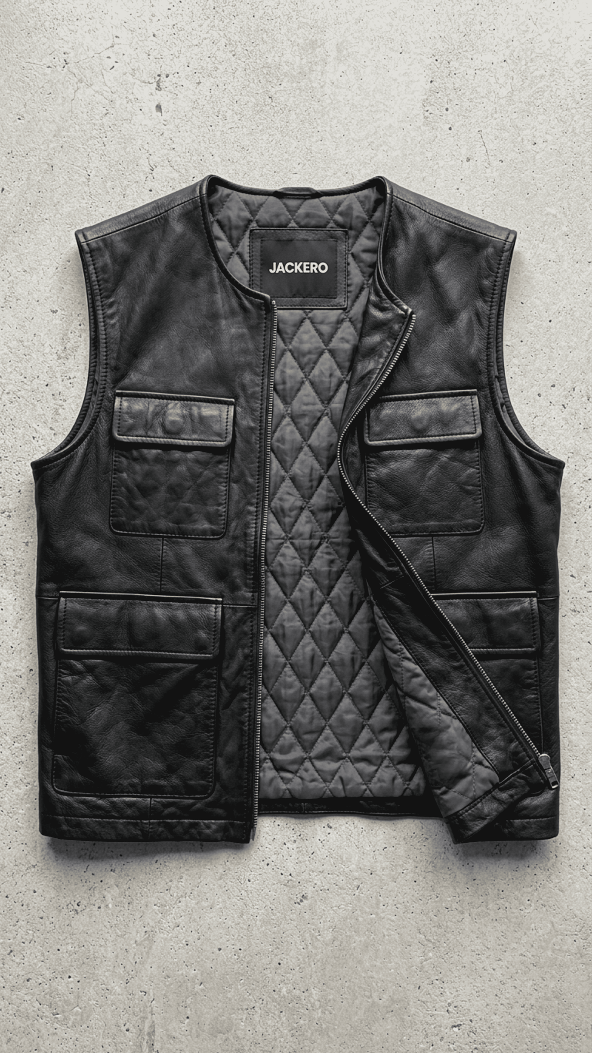 Jackero classic black leather vest outerwear beautifully presented against a clean, professional studio backdrop.