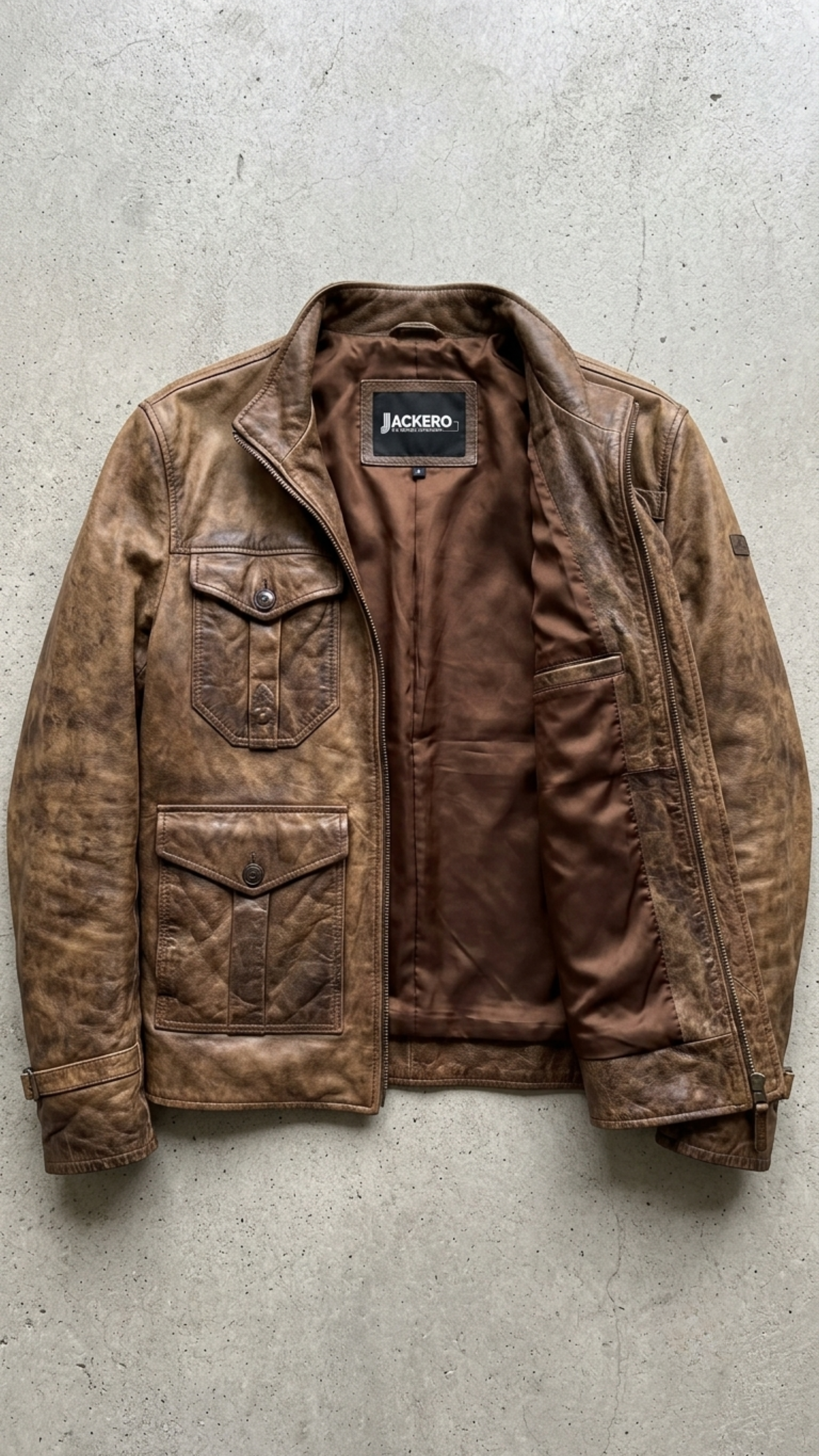 Jackero brown distressed leather field jacket with multi-pocket design beautifully presented against a clean, minimalist studio backdrop.