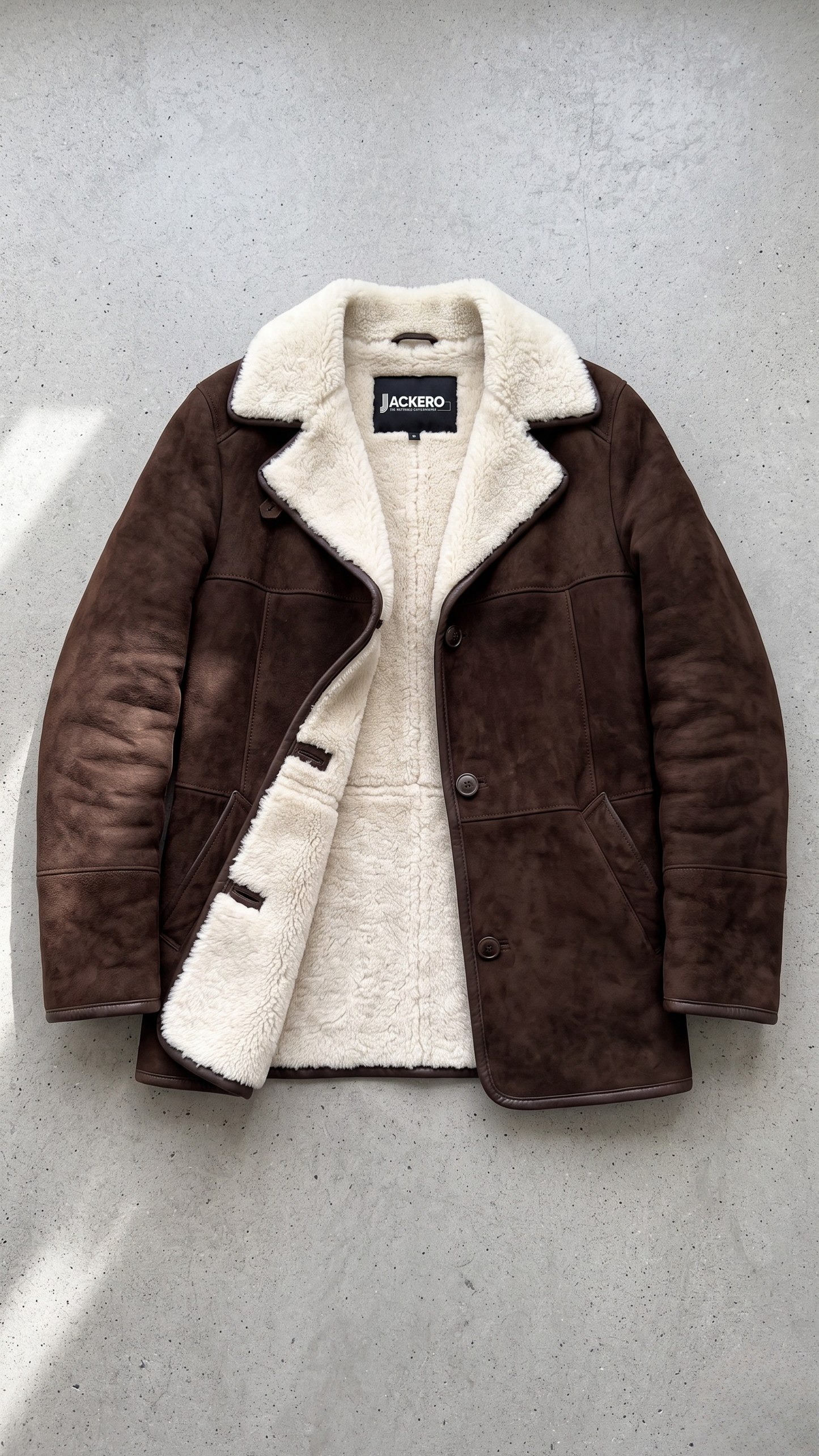 Jackero dark chocolate brown suede coat with premium white shearling details displayed beautifully on a minimalist studio backdrop.