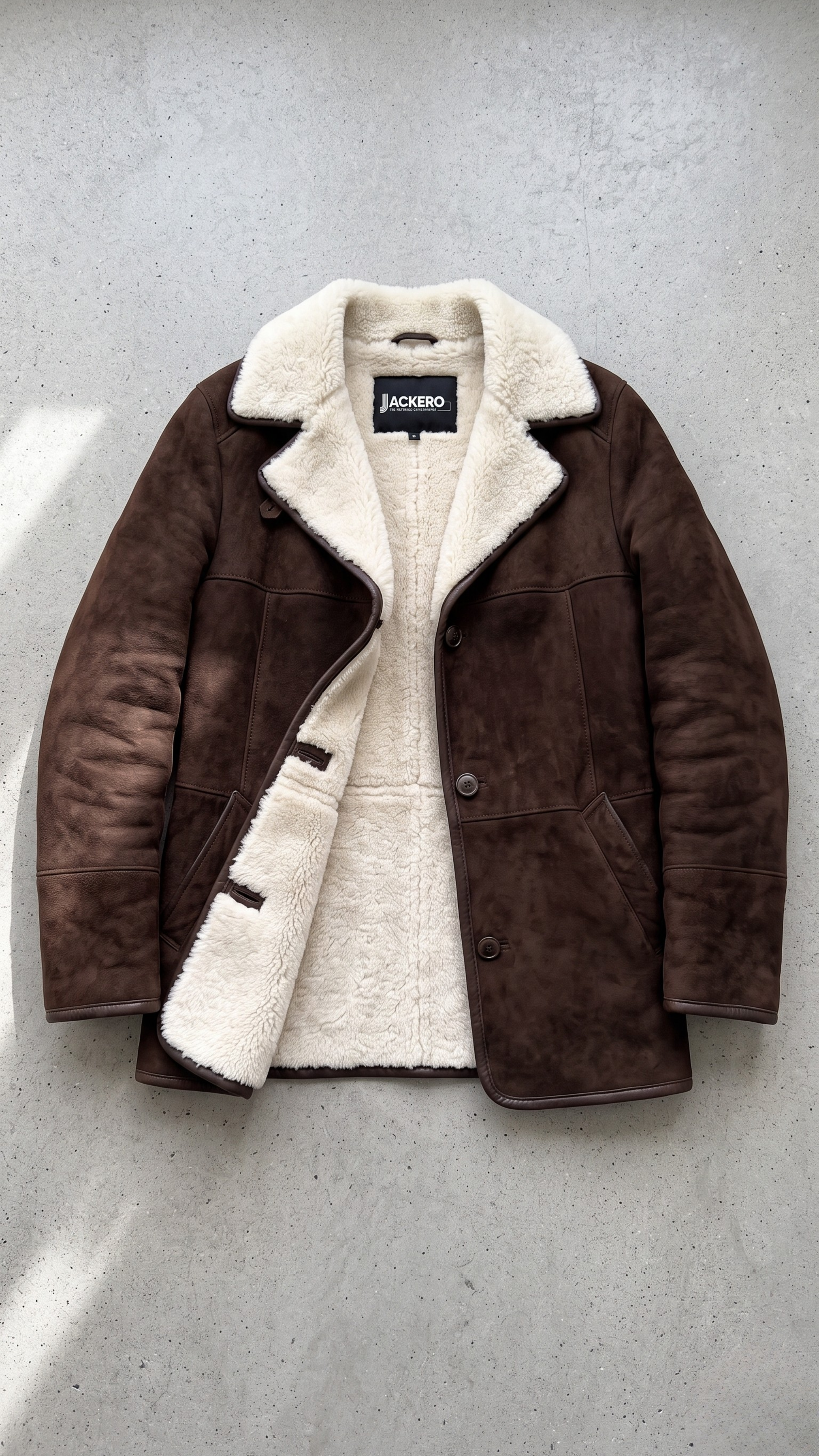 Jackero dark chocolate brown suede coat with premium white shearling details displayed beautifully on a minimalist studio backdrop.