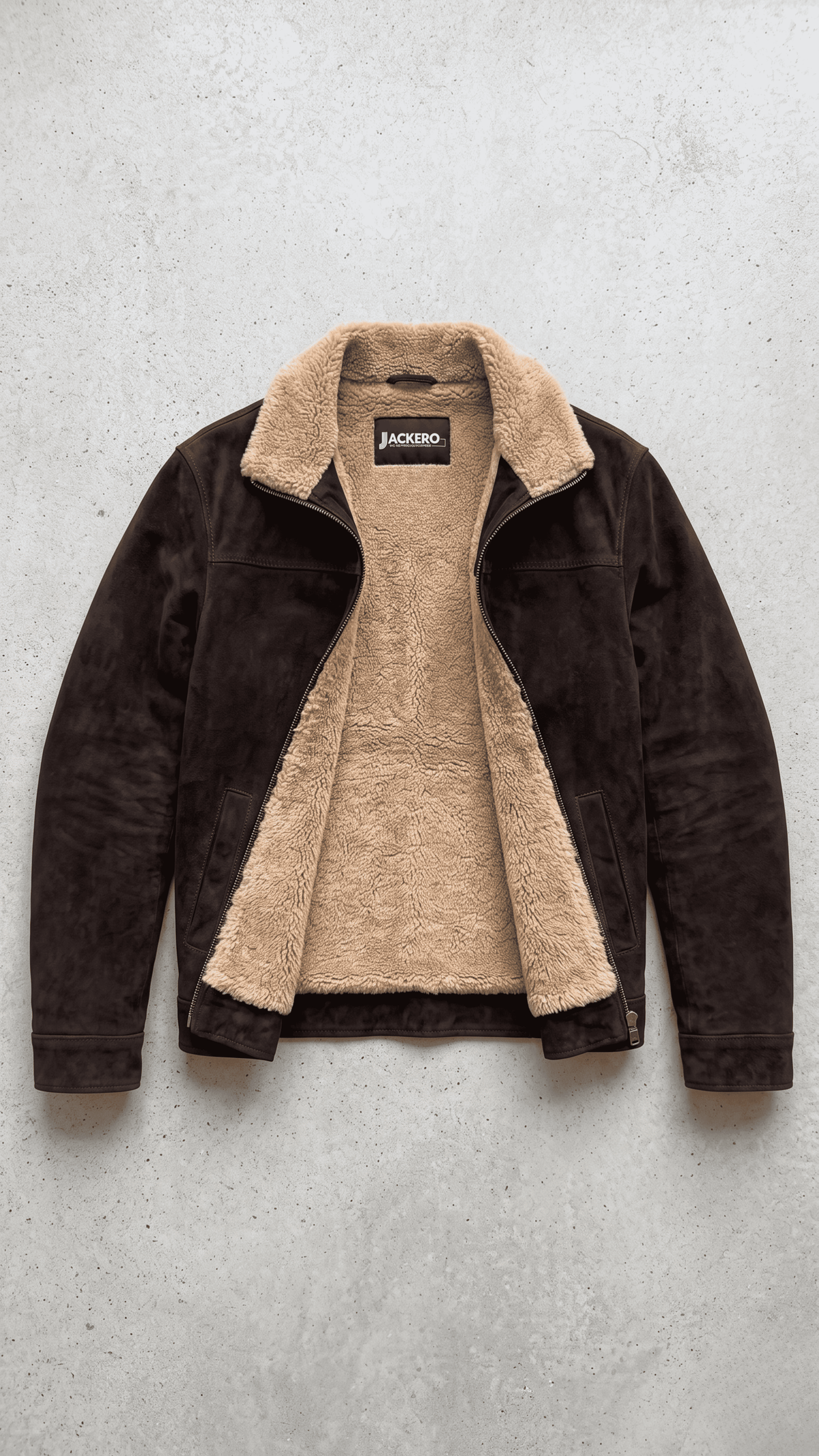 Jackero dark chocolate brown suede jacket with premium white shearling lining displayed beautifully against a minimalist studio backdrop.