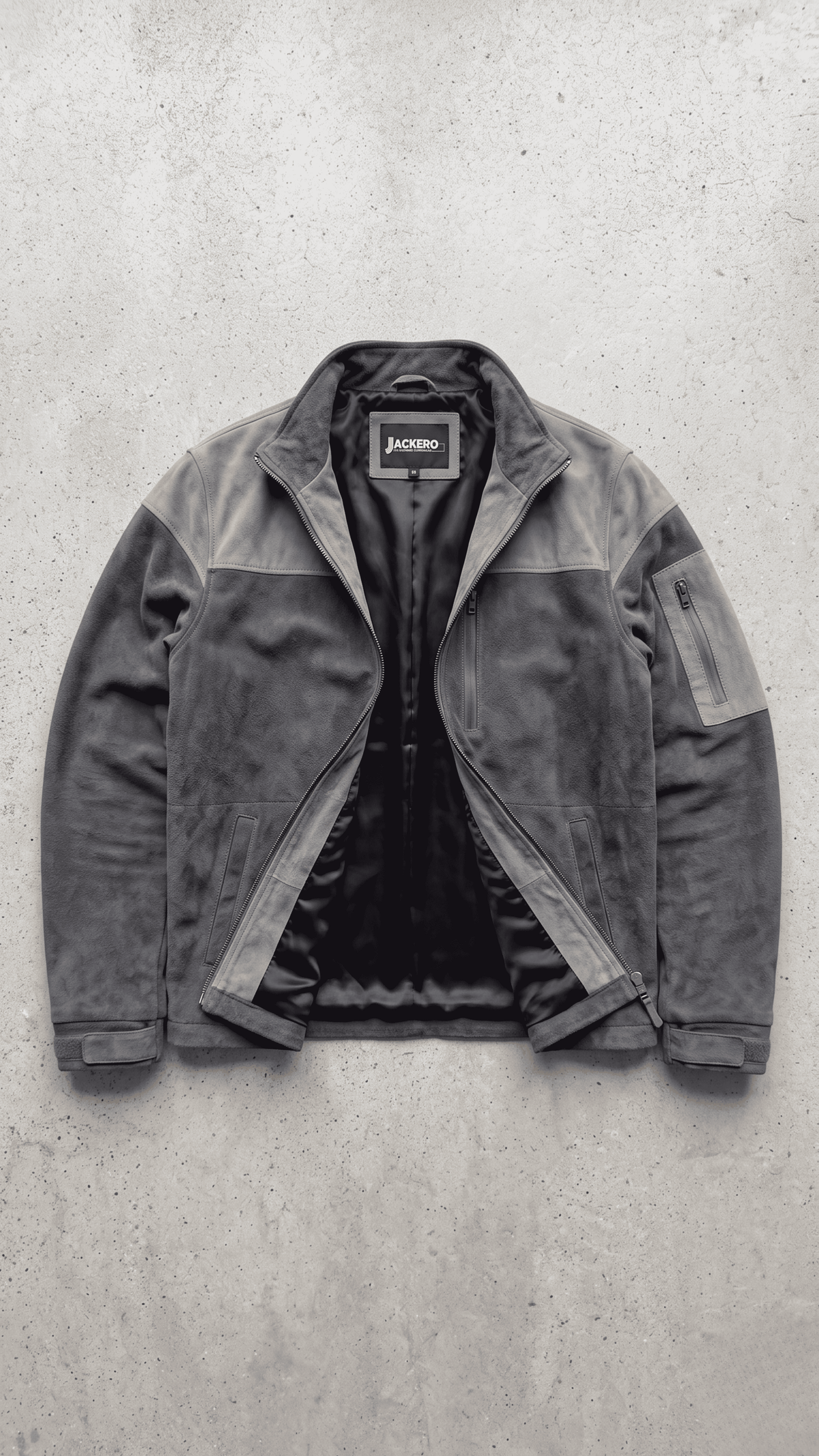Jackero dark grey and light grey soft suede jacket beautifully presented on a clean studio backdrop.