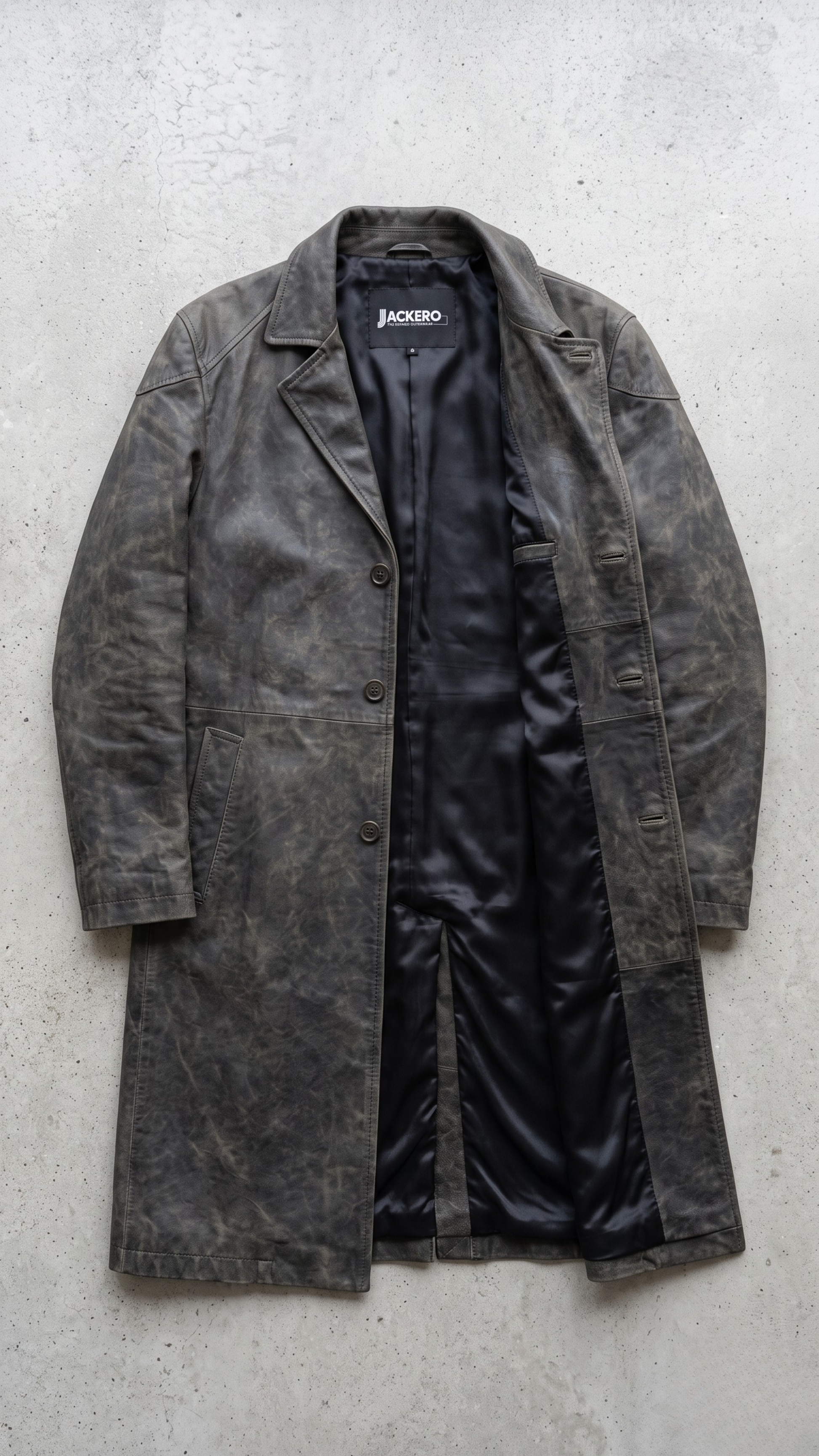 Jackero dark grey distressed leather overcoat beautifully presented against a clean, minimalist studio backdrop.