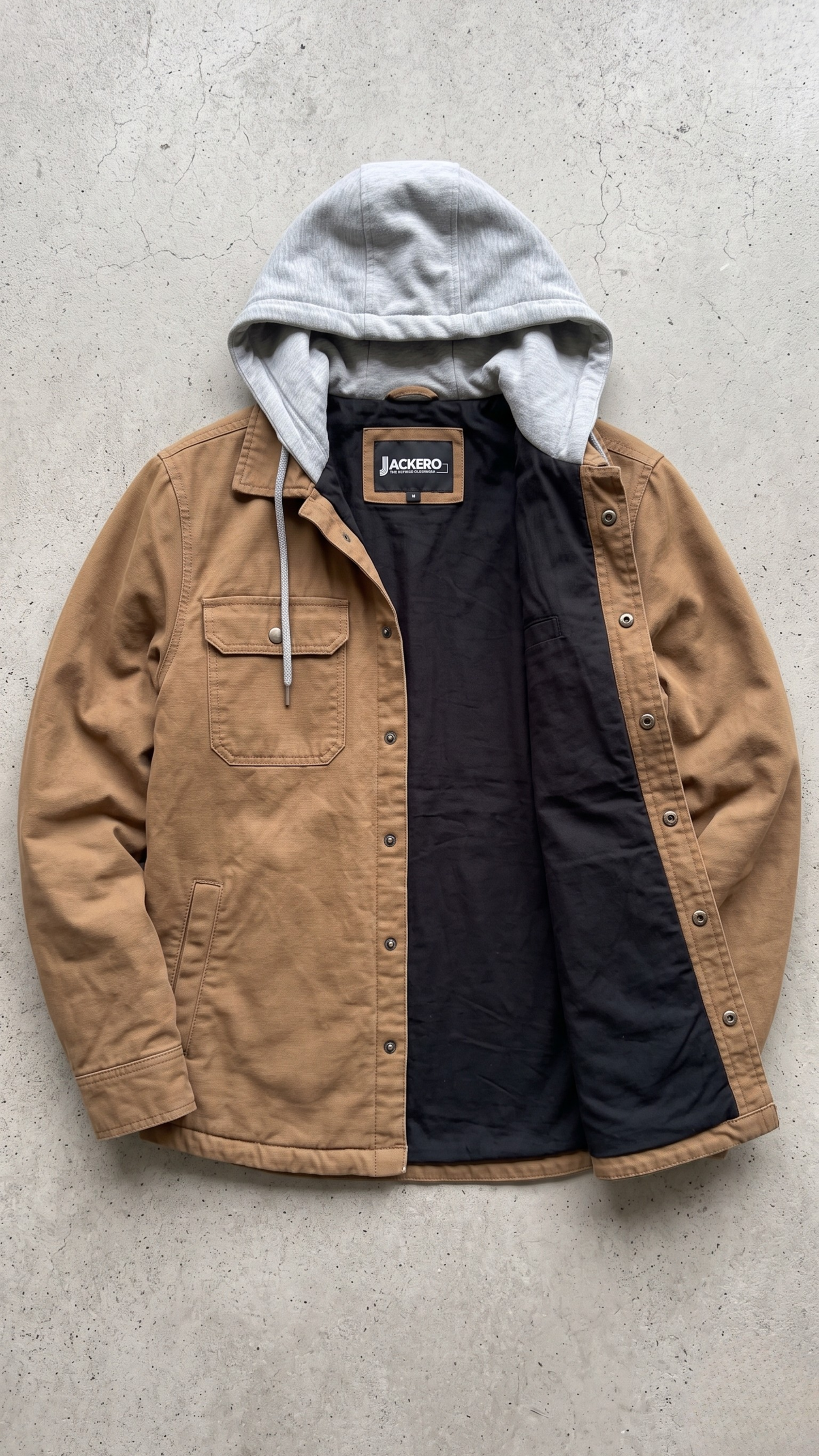 Jackero dark tan work wear hooded jacket beautifully showcased against a clean, minimalist studio backdrop.