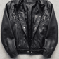Jackero contemporary darkest black leather baggy jacket beautifully presented against a clean, minimalist studio backdrop.