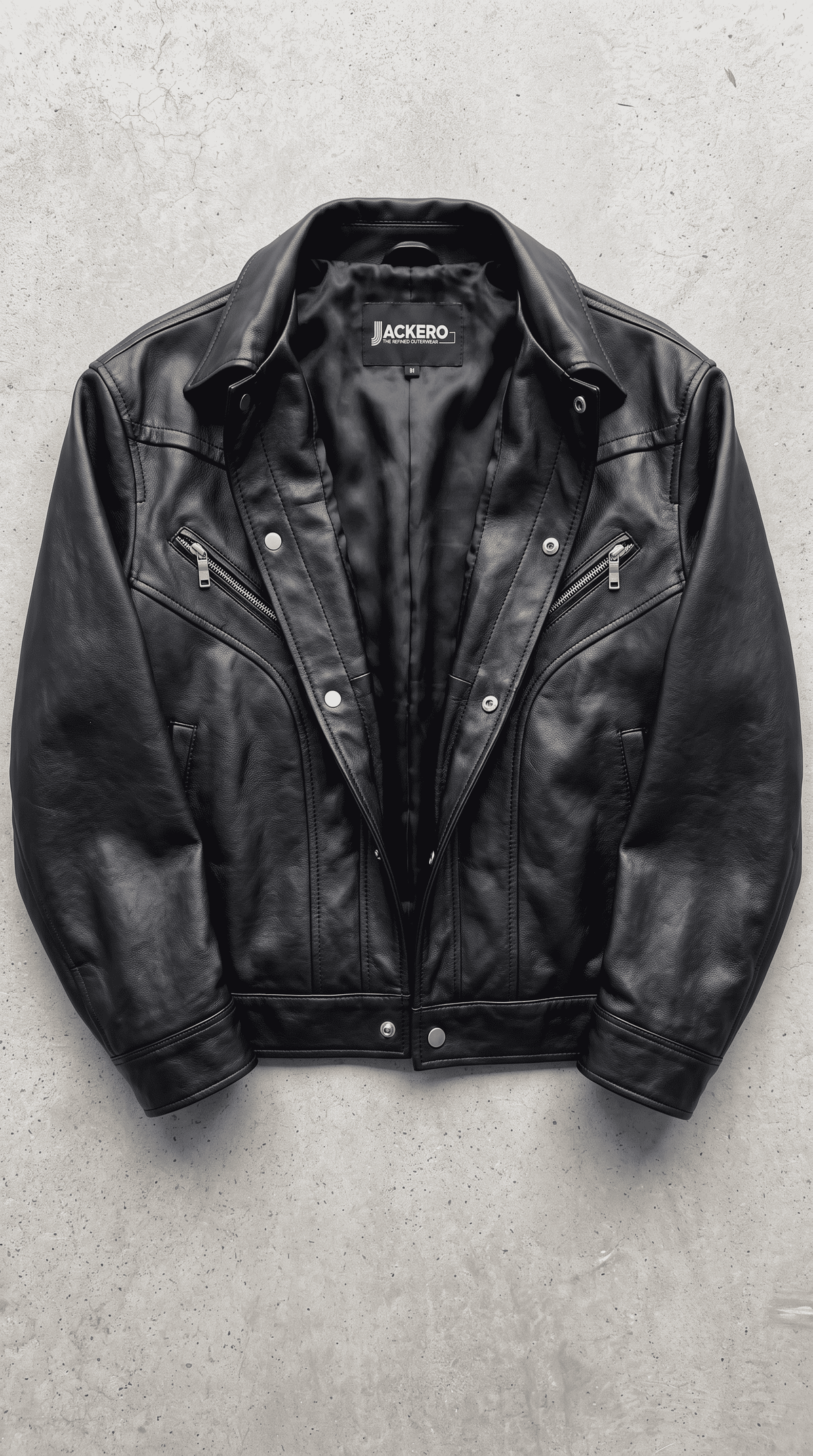 Jackero contemporary darkest black leather baggy jacket beautifully presented against a clean, minimalist studio backdrop.