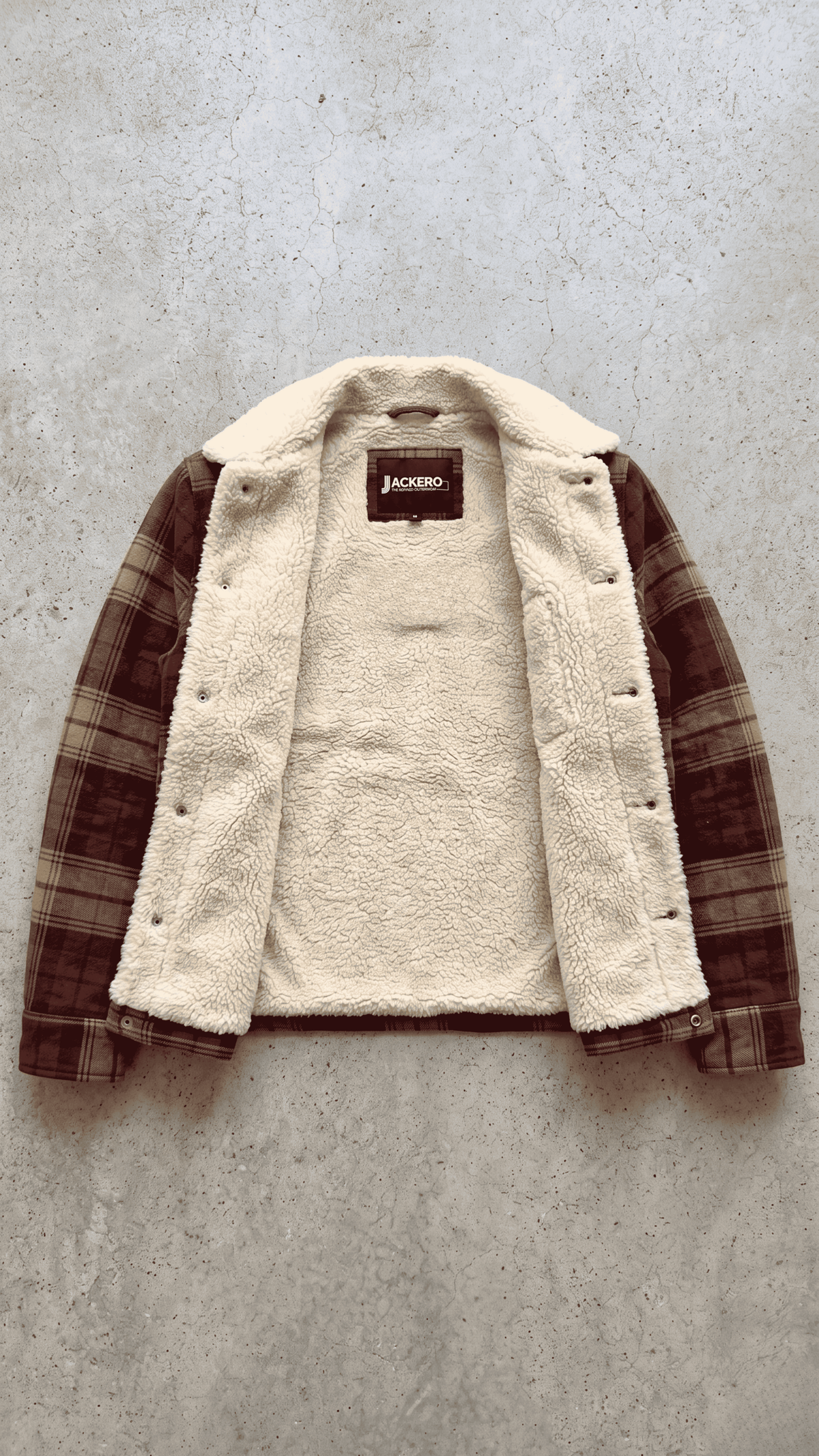Jackero flannel checked shearling jacket beautifully showcased against a clean studio background.