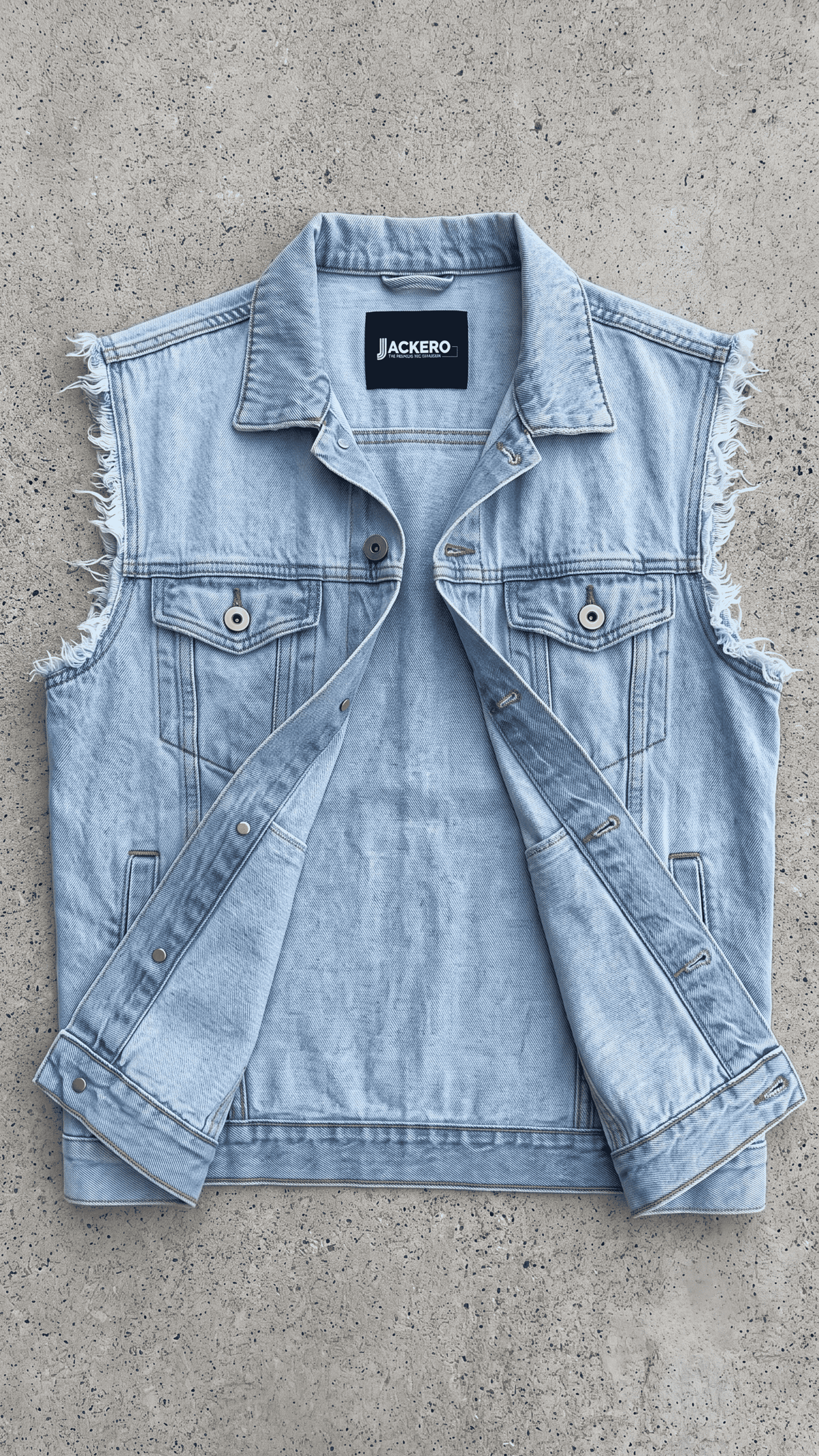 Jackero light wash denim vest casual outerwear beautifully presented against a clean, minimalist studio backdrop.