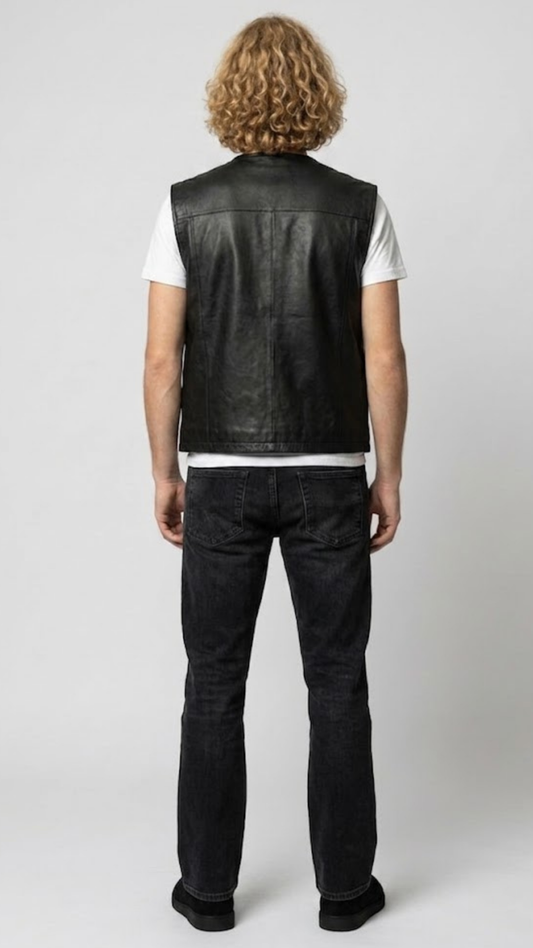 Regular fit men's black leather gilet displaying clean lines, functional front pockets, and a comfortable tailored alignment.