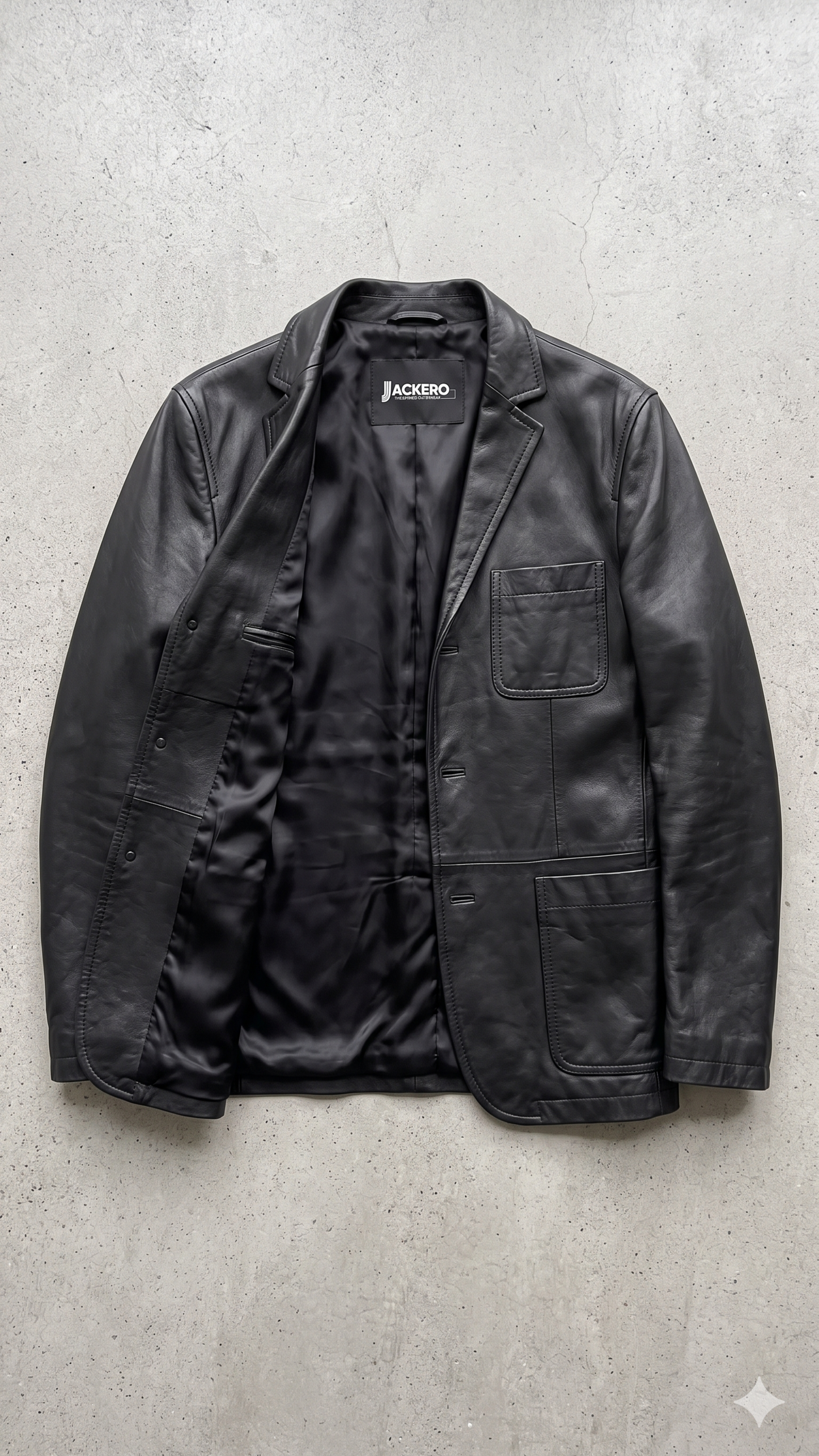 Jackero contemporary black leather blazer jacket perfectly framed against a clean, professional grey studio backdrop.