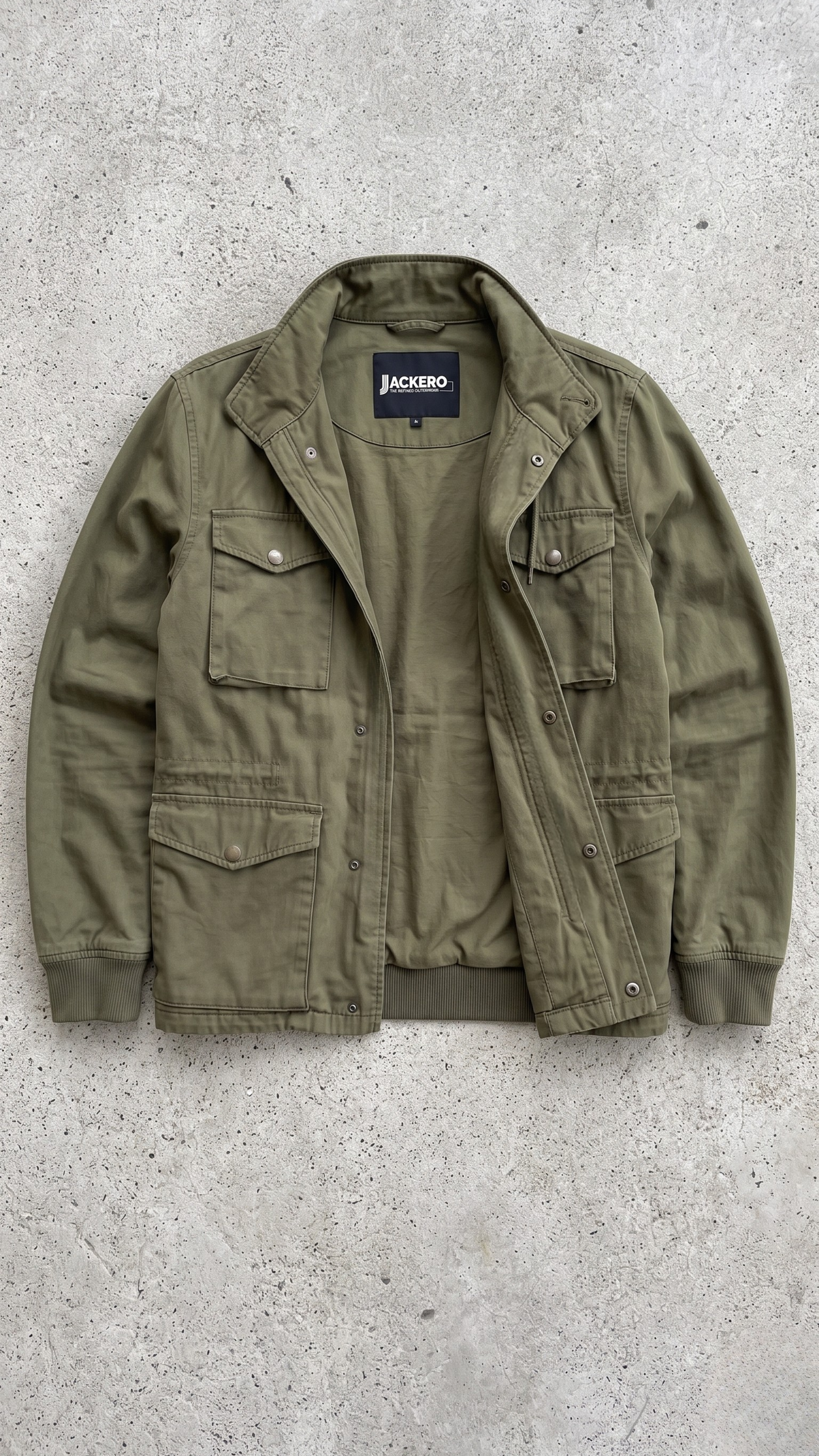 Jackero olive green utility multi-pocket jacket beautifully displayed against a minimalist studio backdrop.