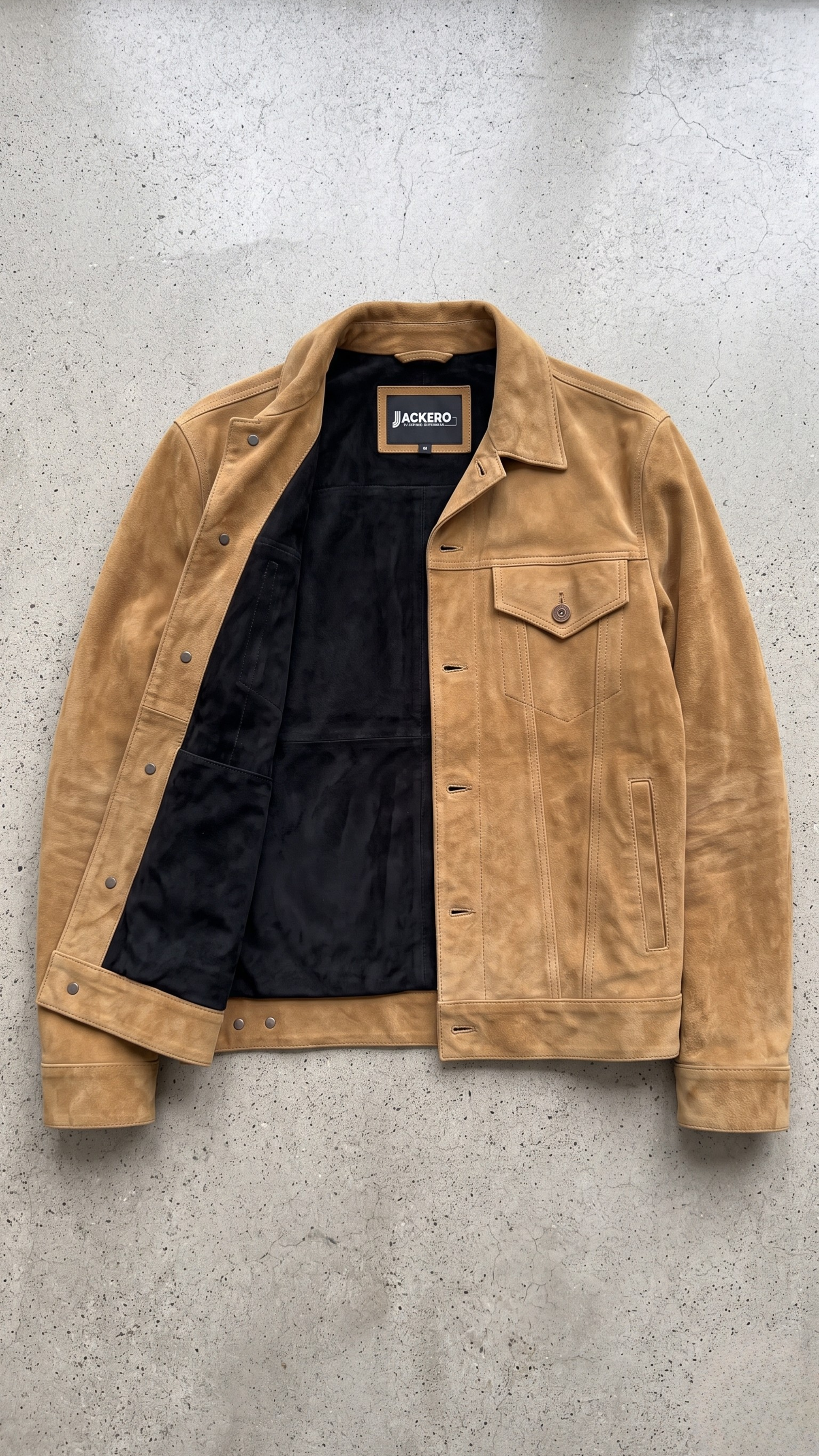 Jackero tan suede jacket beautifully presented against a clean, minimalist studio backdrop.