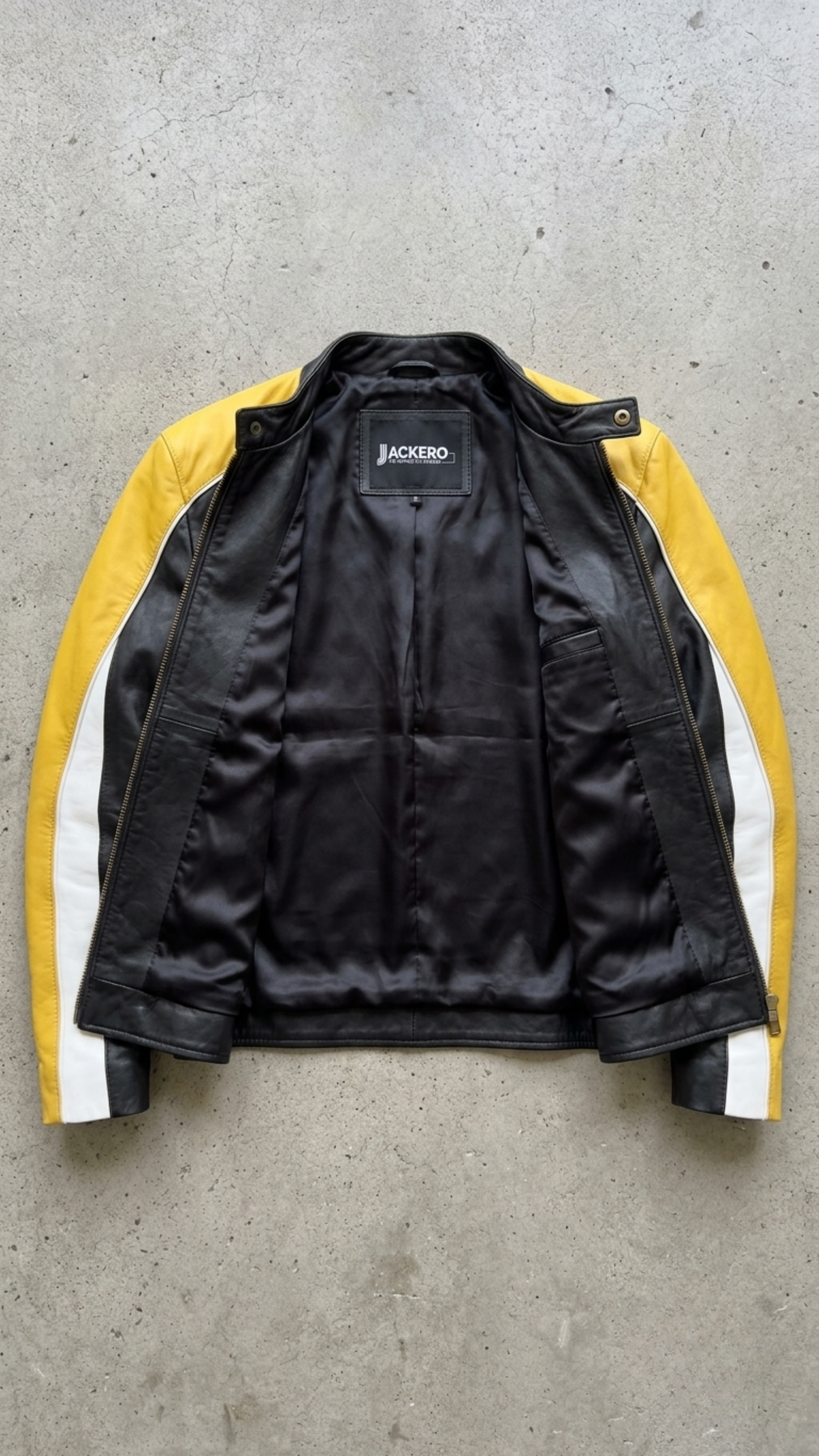 Jackero black yellow white tricolor leather cafe racer jacket beautifully presented against a clean, minimalist studio backdrop.