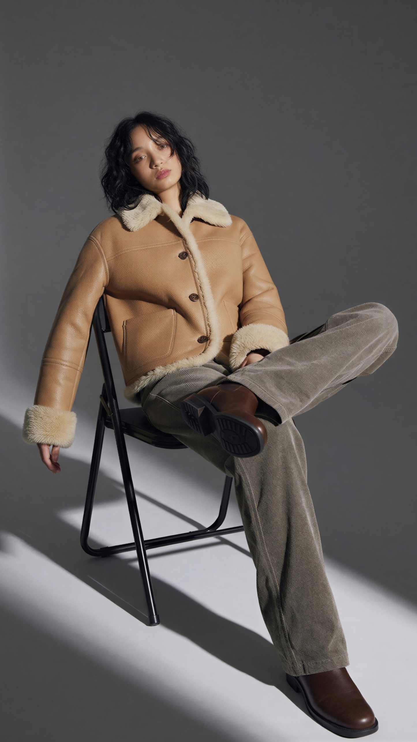 Person wearing a light beige leather coat with plush cream shearling sitting on a chair against a gray background.