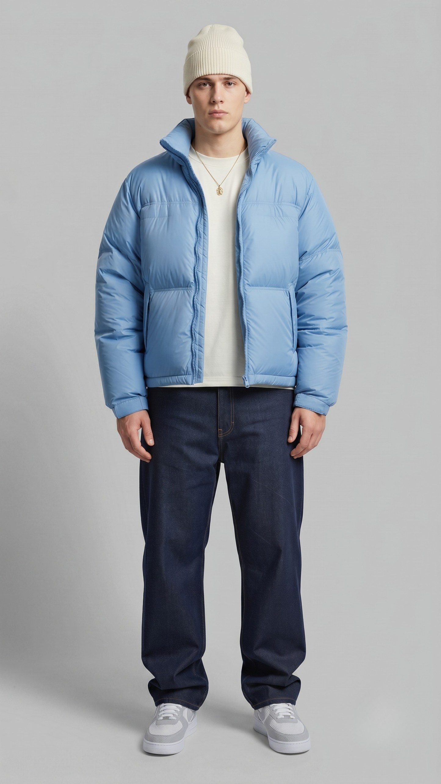 Front view of a model wearing a stylish light blue puffer jacket with quilted patterns, standing against a clean grey studio backdrop
