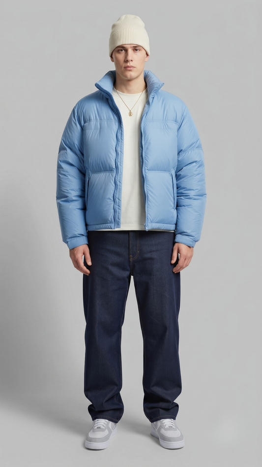 Front view of a model wearing a stylish light blue puffer jacket with quilted patterns, standing against a clean grey studio backdrop