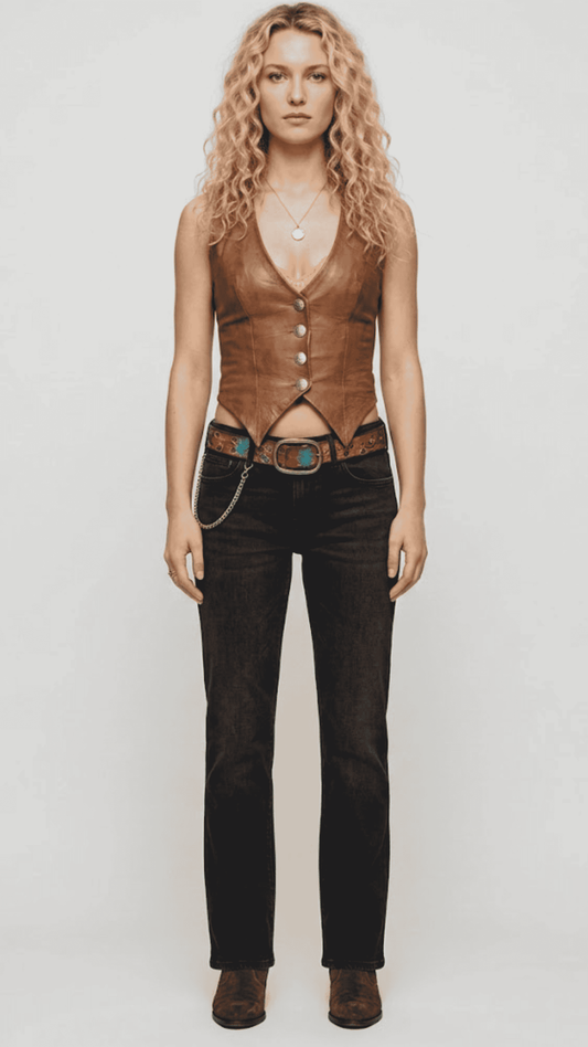 Jackero premium light brown leather vest highlighting a clean front closure and structured waistcoat design