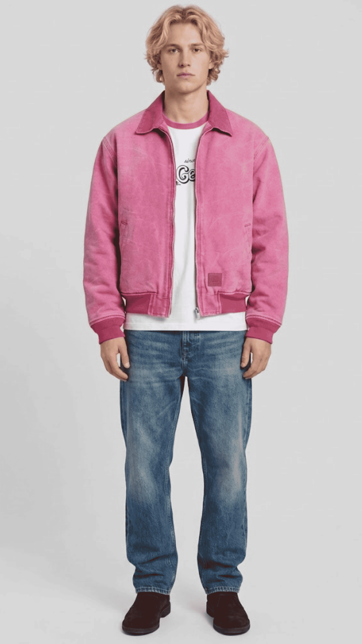 Jackero premium light pink suede bomber jacket featuring a sleek silver zipper and classic rib-knit collar.