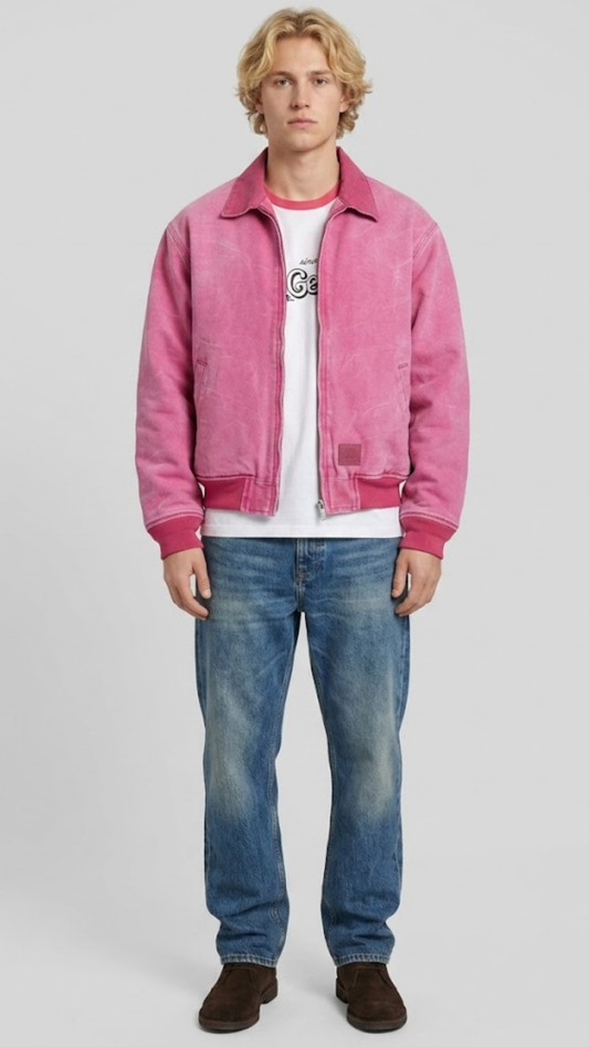 Jackero premium light pink suede bomber jacket featuring a sleek silver zipper and classic rib-knit collar.