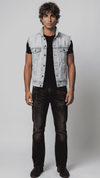 Sleek light wash denim sleeveless jacket designed for a modern urban street look and relaxed everyday wear.