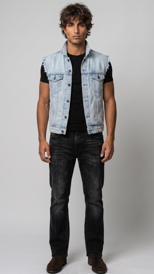 Sleek light wash denim sleeveless jacket designed for a modern urban street look and relaxed everyday wear.
