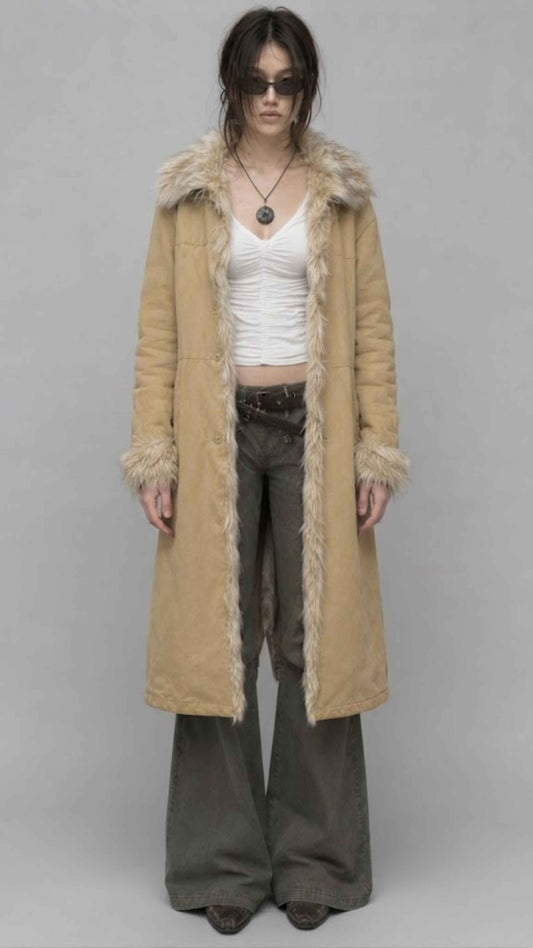 Full-length front view of women wearing a light yellow cotton long over coat with structured front button closures.